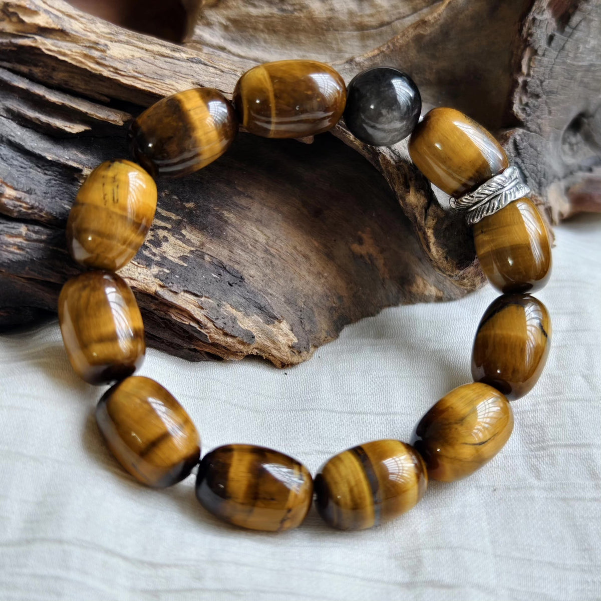 Yellow Tiger's Eye Silver Obsidian Beaded Bracelet
