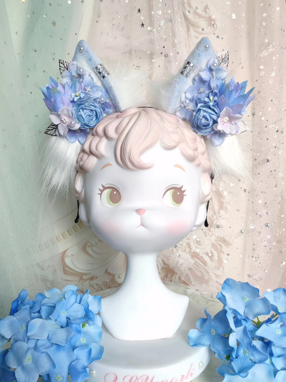 Diadema de Orelhas de Gato Azul e Roxo com Pelo Sintético