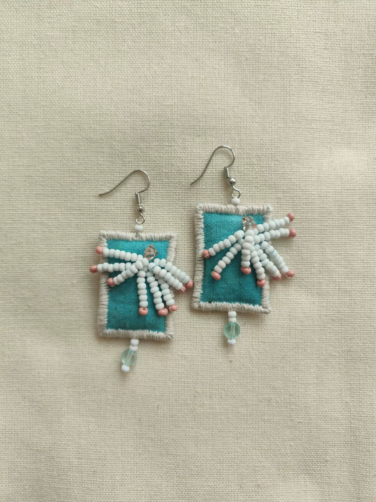 Teal Fabric Beaded Tassel Earrings