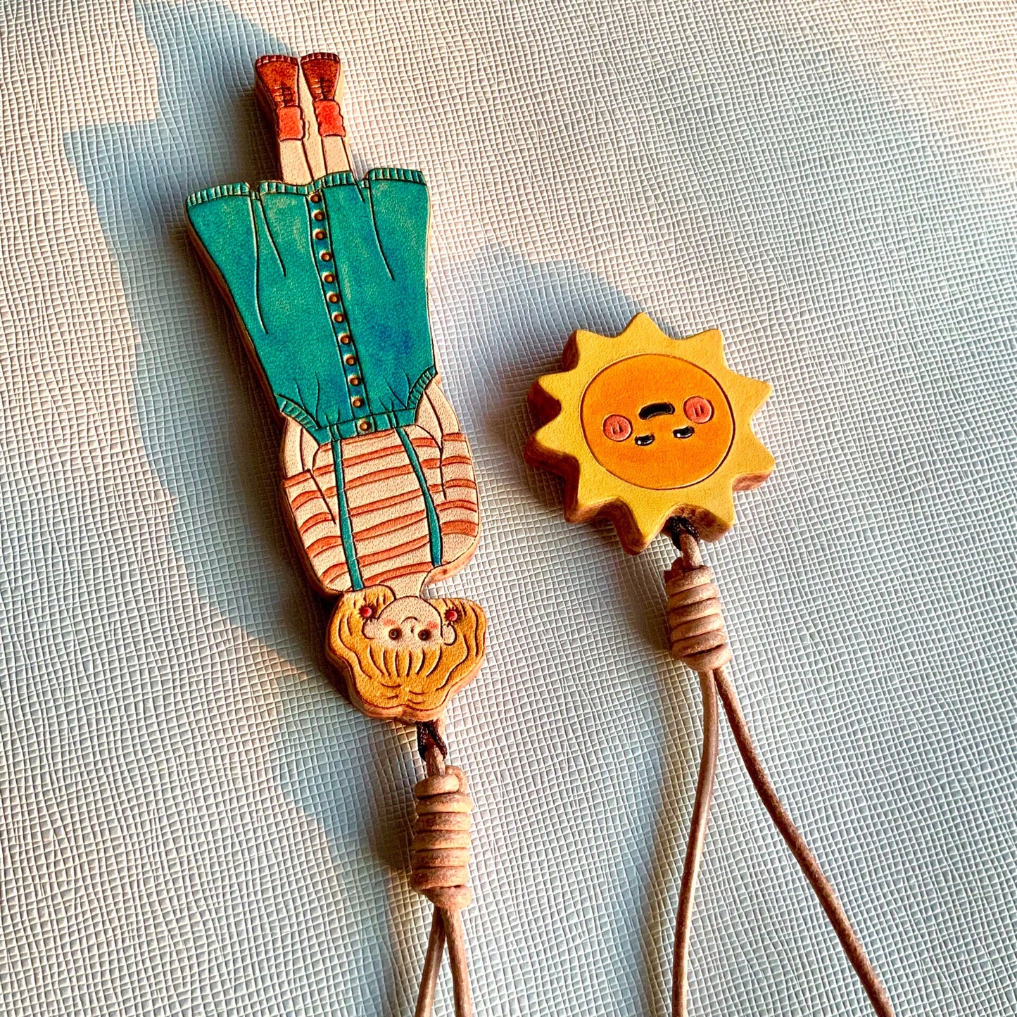 Hand-Painted Leather Girl and Sun Bag Charms