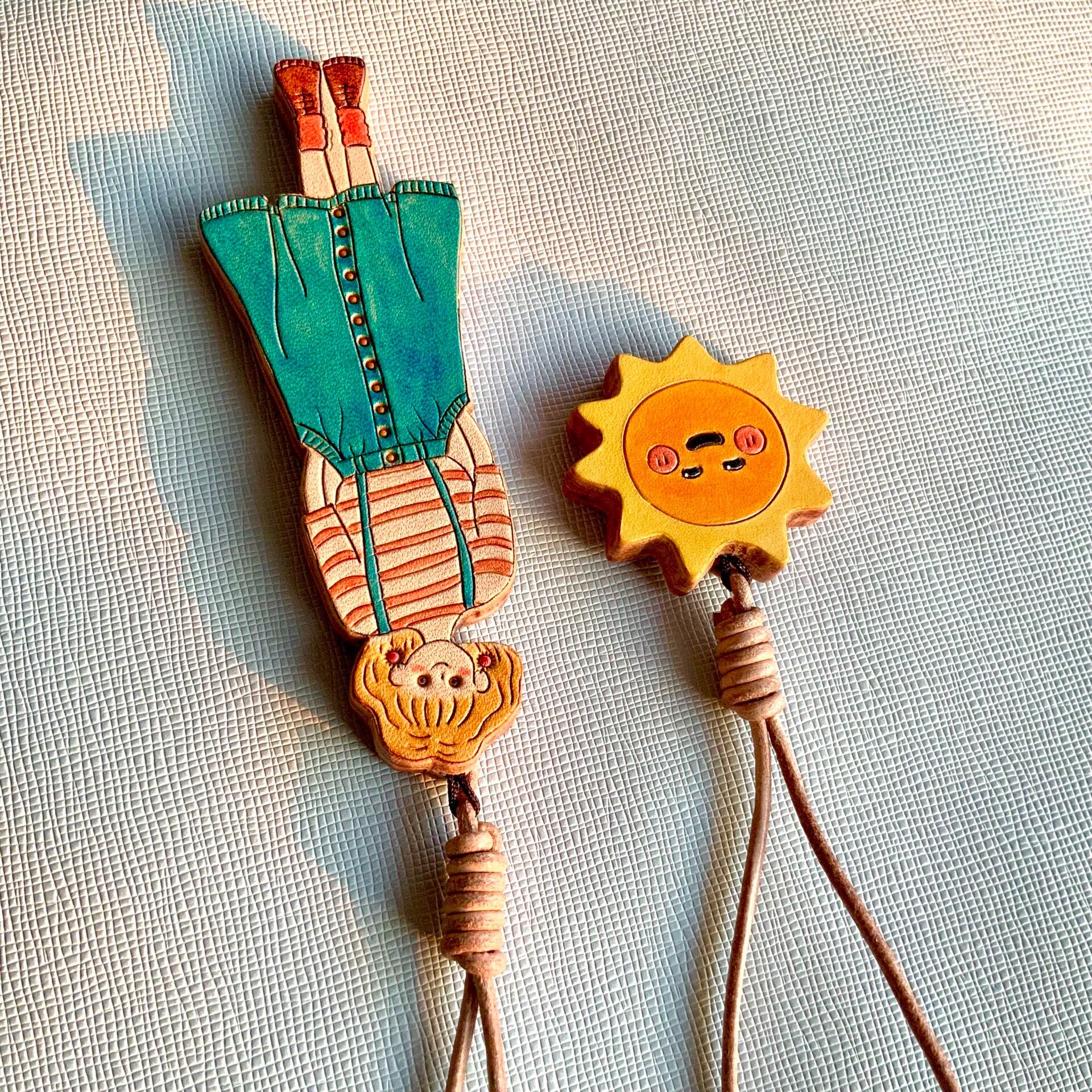 Hand-Painted Leather Girl and Sun Bag Charms