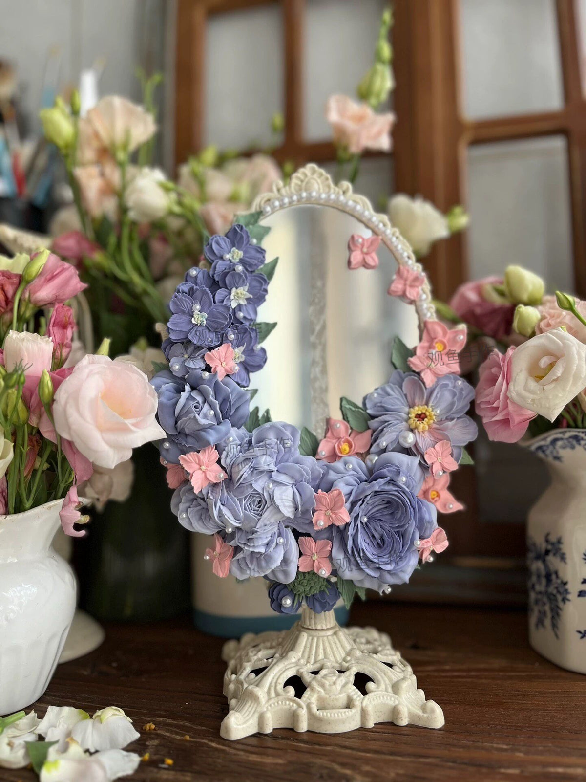Clay Flower Decorated Oval Mirror