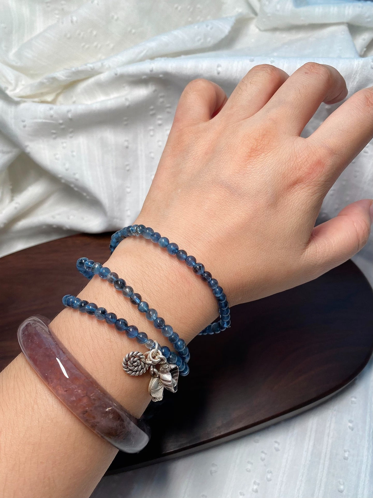 Aquamarine Triple Wrap Beaded Bracelet Silver Charms