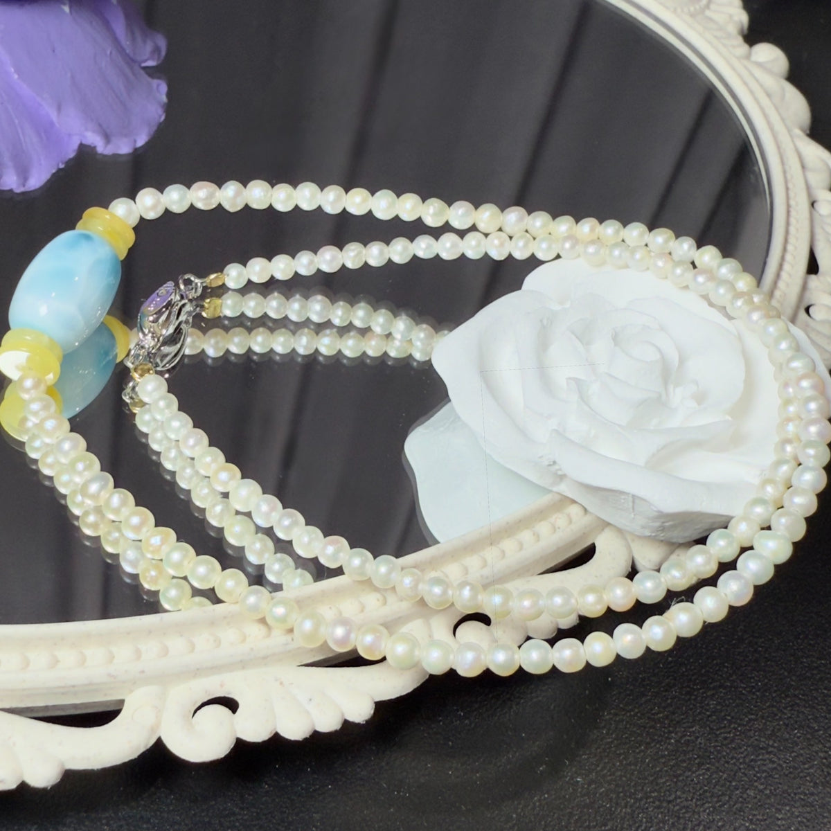 Collar de Larimar, Ámbar y Perlas con Cierre de Plata 925