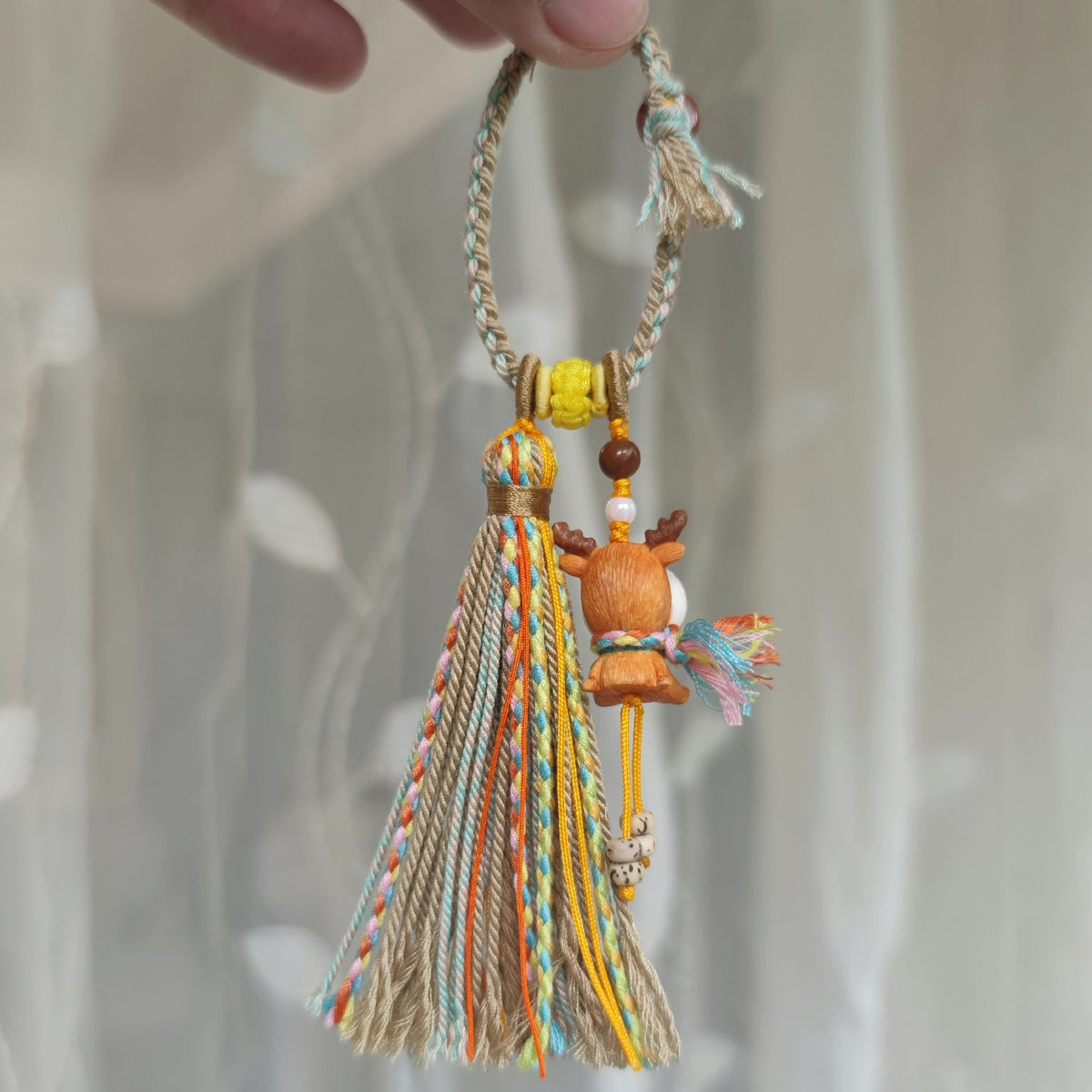 Hand Carved Wooden Deer Tassel Keychain