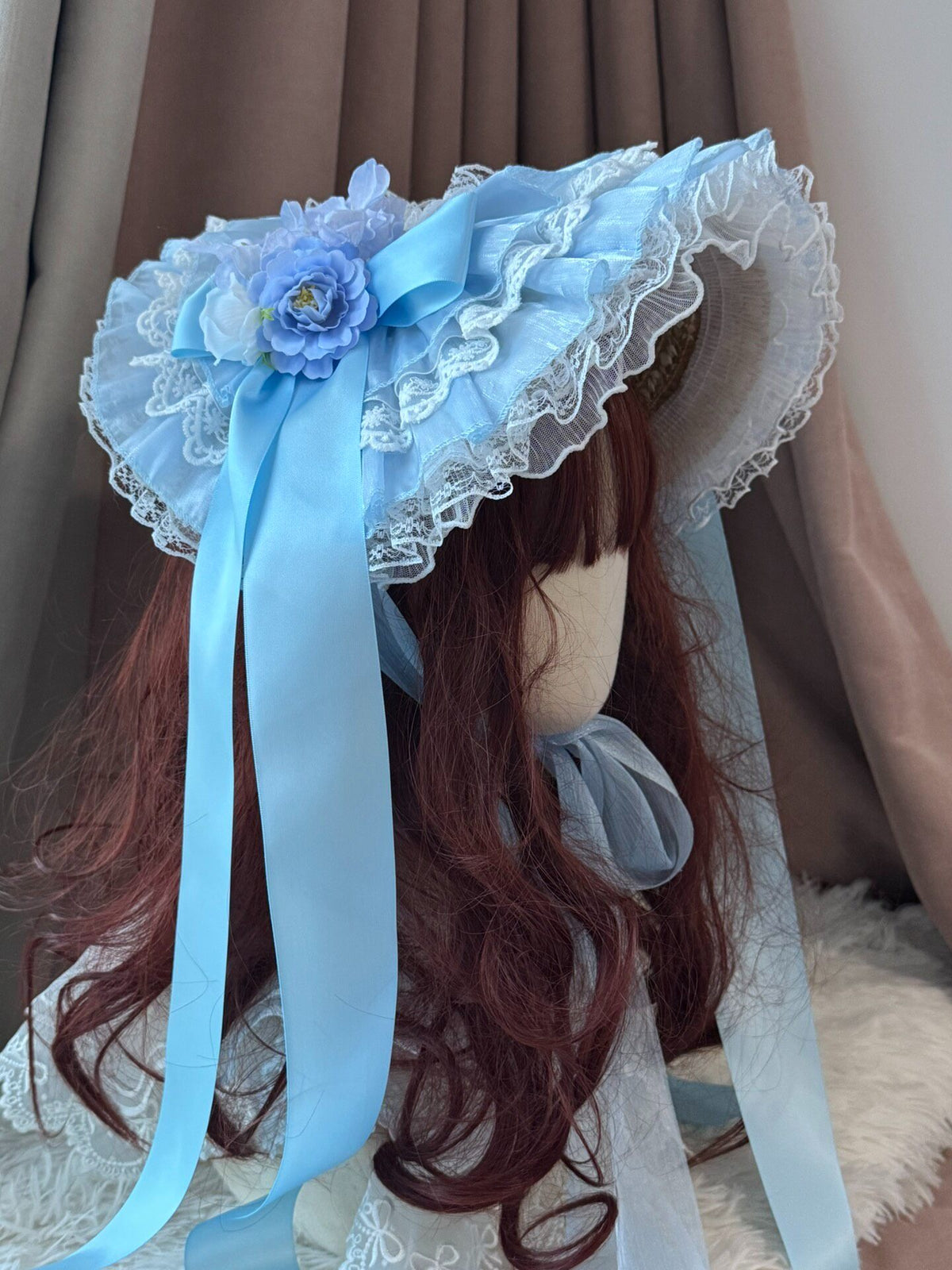 Blue Lace Straw Bonnet Lolita Headpiece
