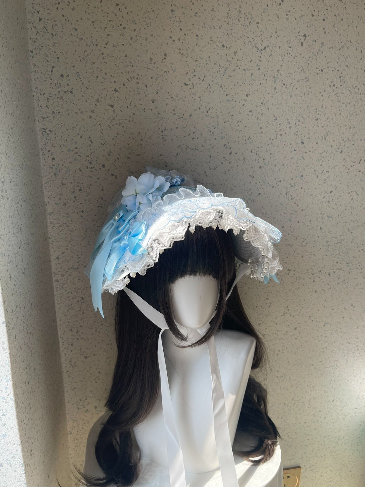 Lolita Blue Flat Bonnet with Lace