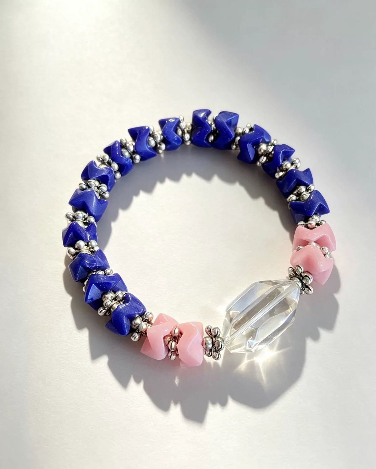 Blue Pink Chevron Beaded Bracelet Clear Crystal