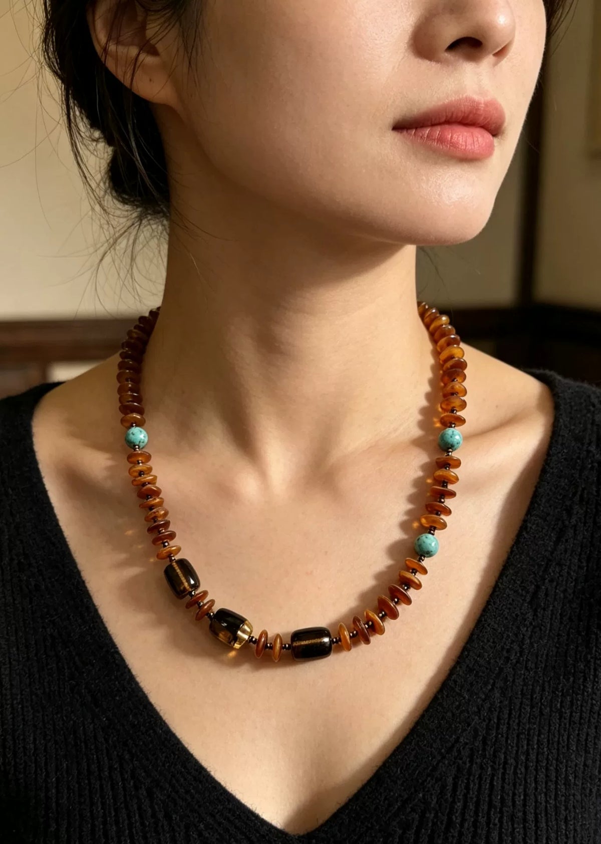 Collier de perles ambre et turquoise 45 cm