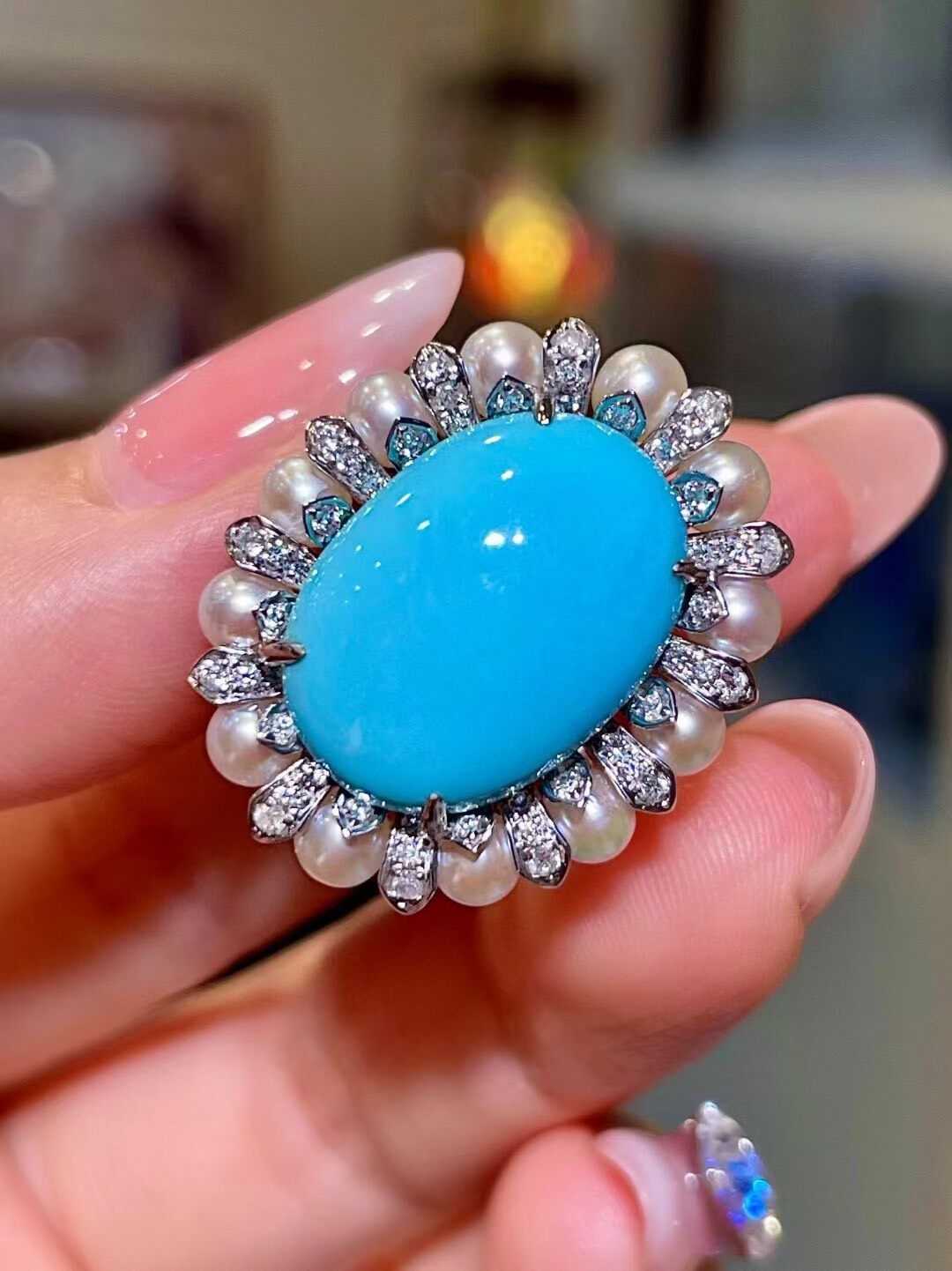 18K Gold Ring with Oval Cabochon Blue Sleeping Beauty Turquoise, Pearl Halo, and Diamond Accents