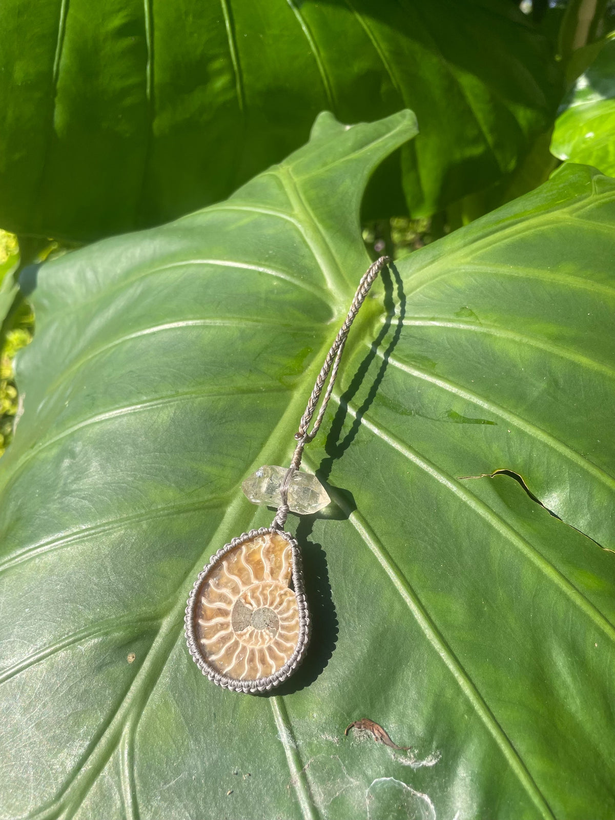 Ammonite Fossil White Crystal Handwoven Necklace