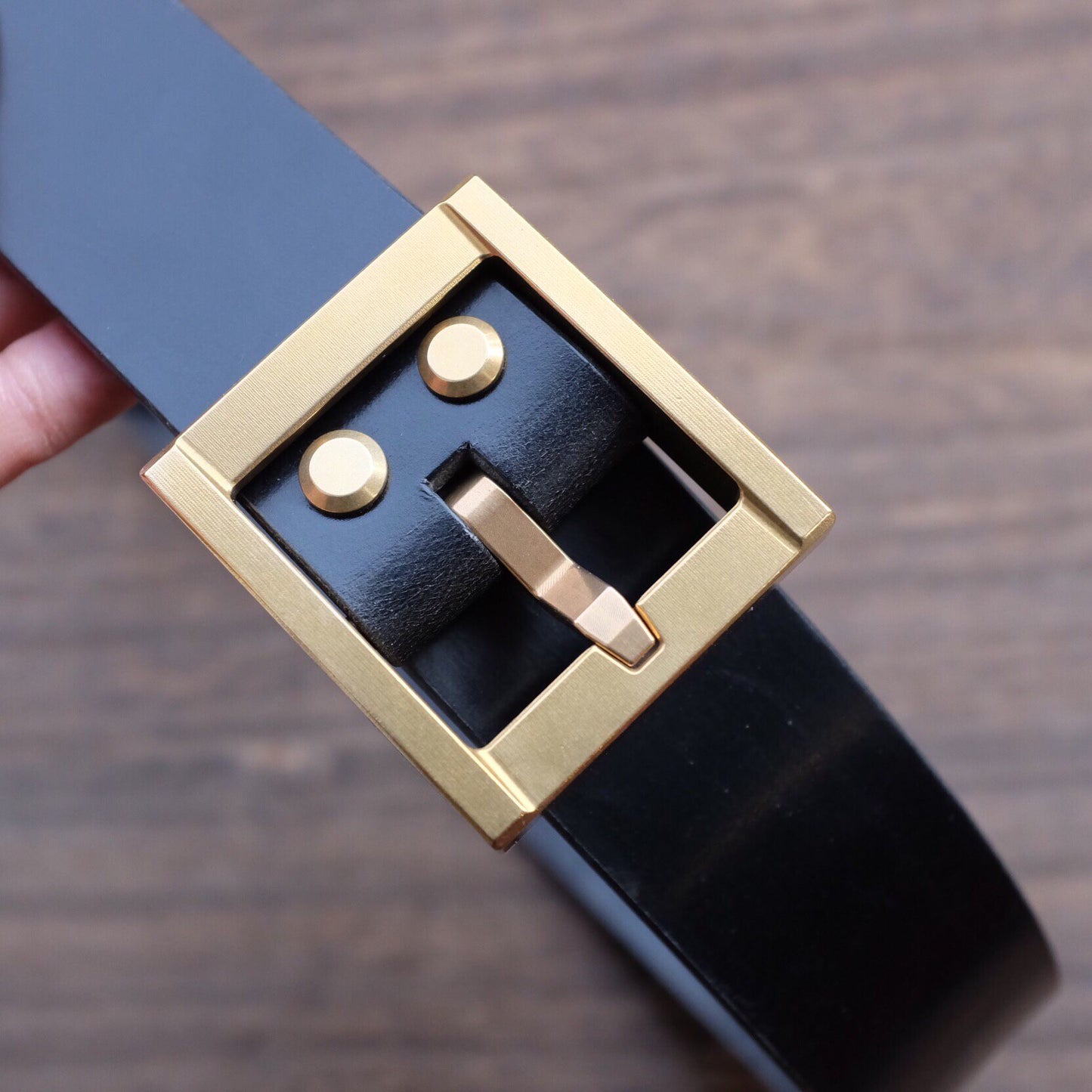 Black Leather Belt with Brass Buckle and Engraved Logo