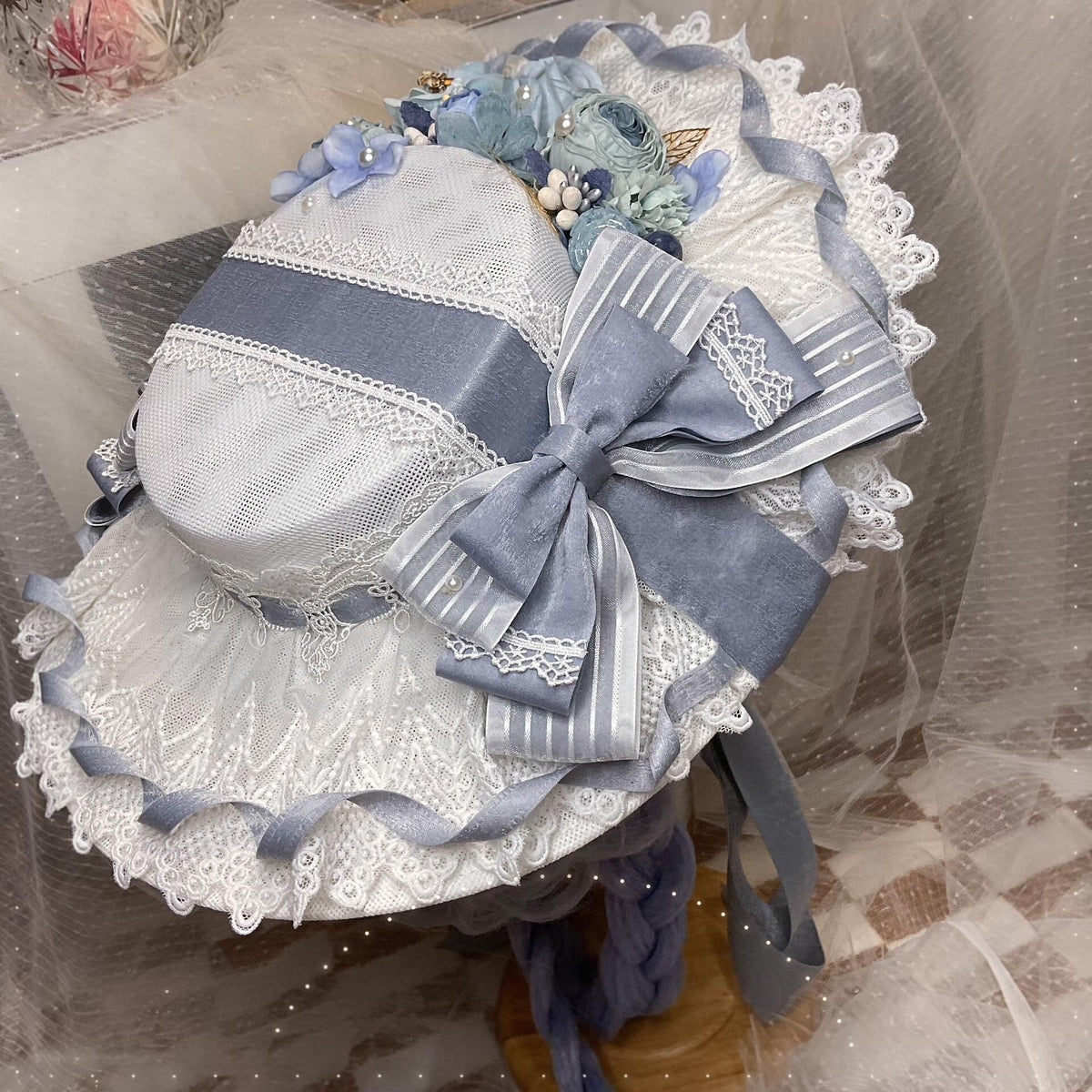 Lolita Flat Hat Pseudo Bonnet Dusty Blue Lace
