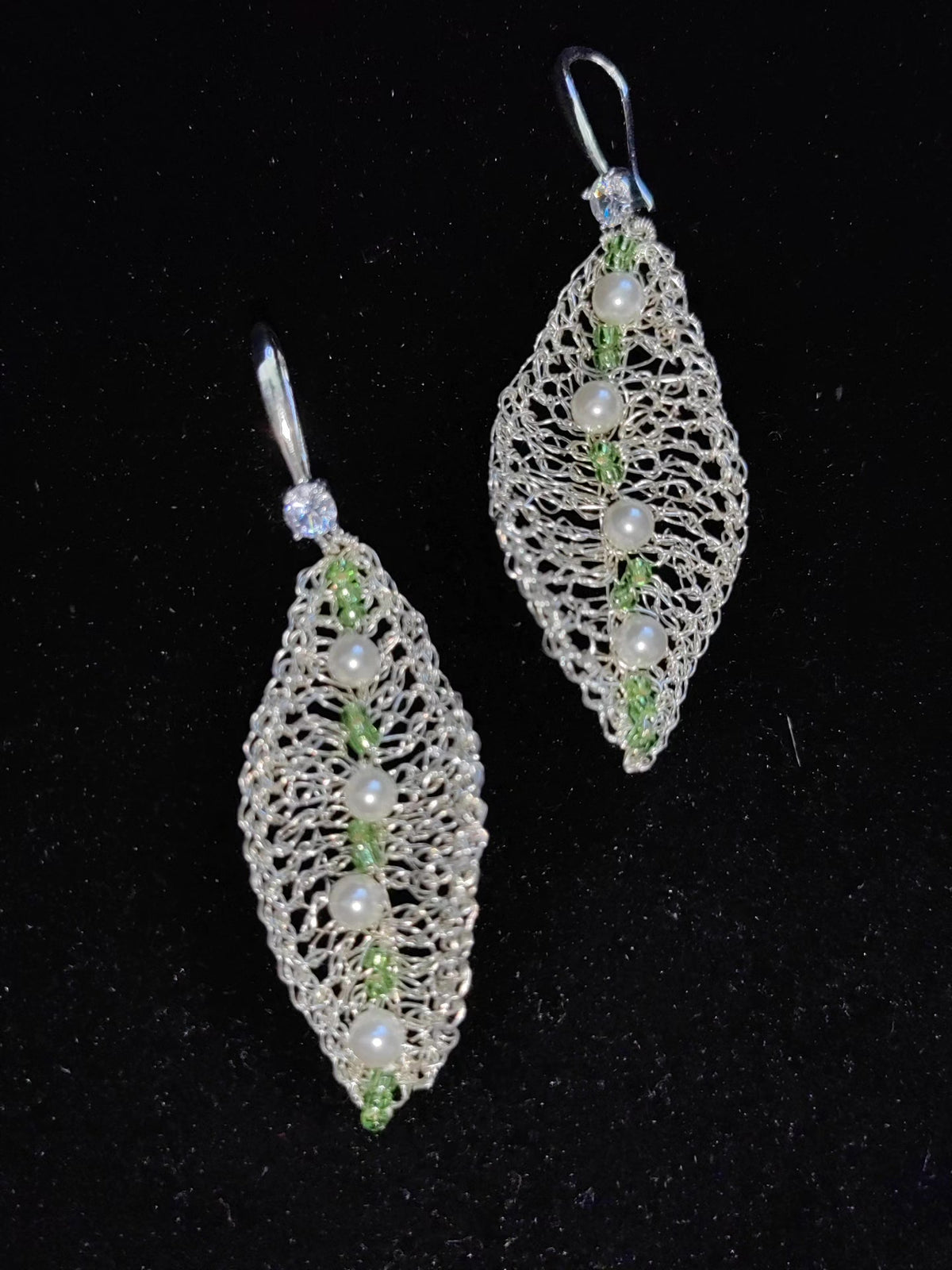 Handwoven Silver Leaf Pearl Earrings