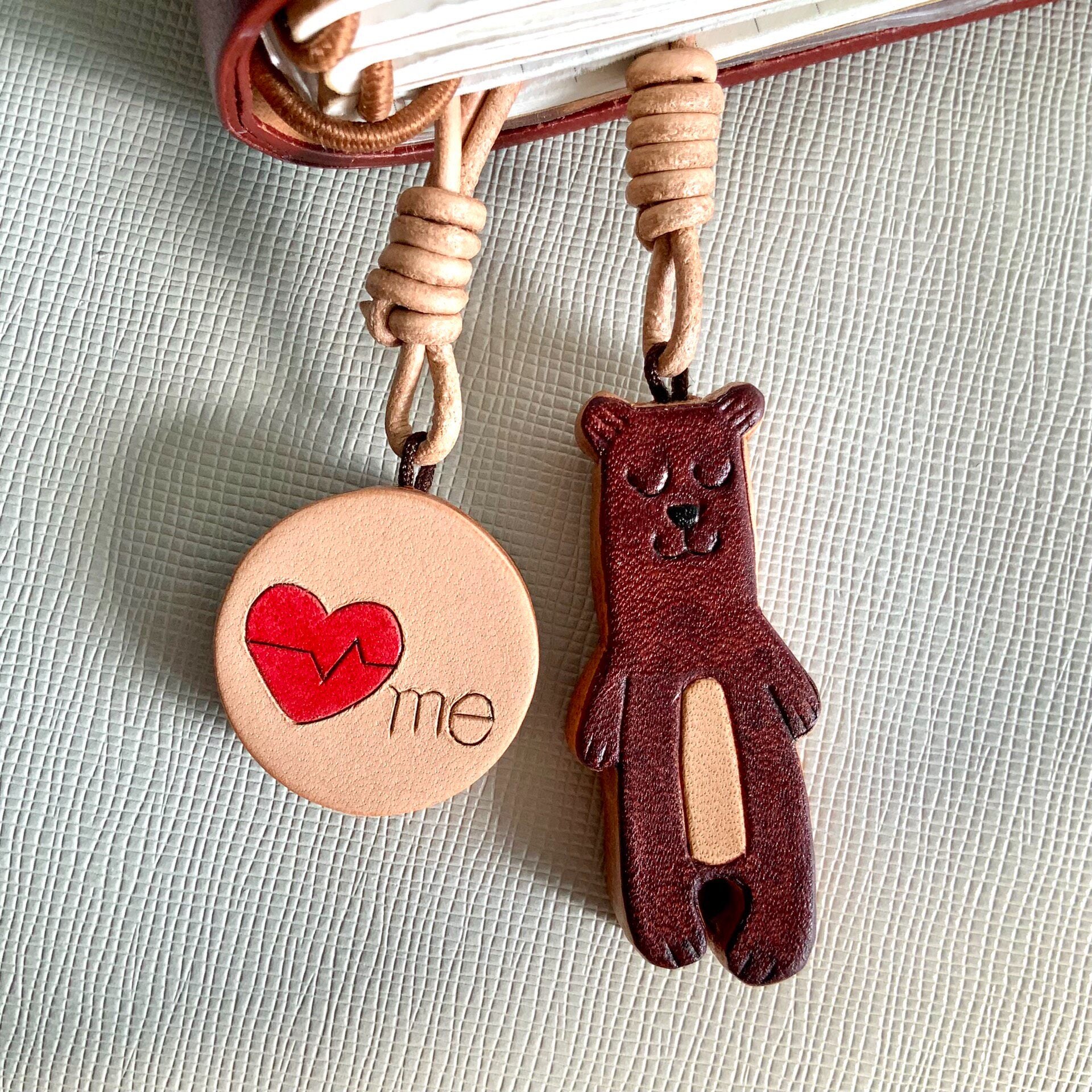 Set of Two Leather Charms: Bear and Heart Pendants for Journal, Bag, or Phone