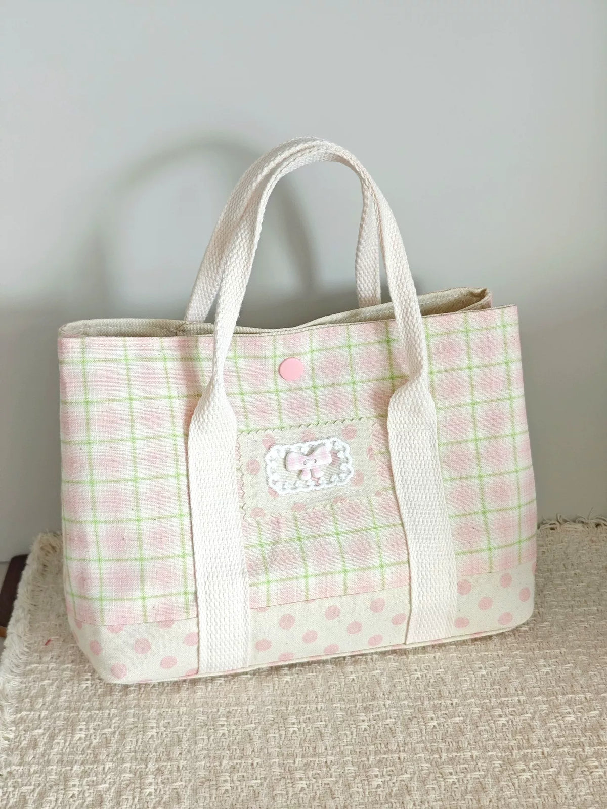 Plaid Polka Dot Structured Tote Handbag