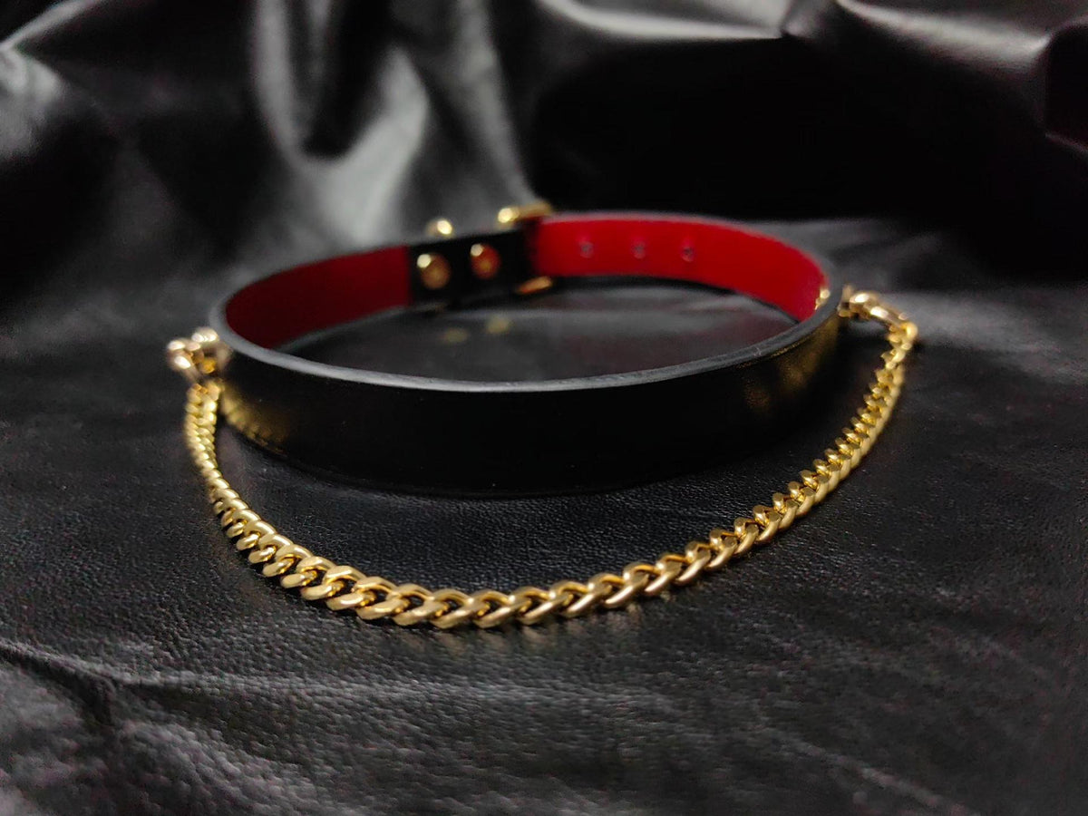 Leather Choker Necklace with Gold Chain