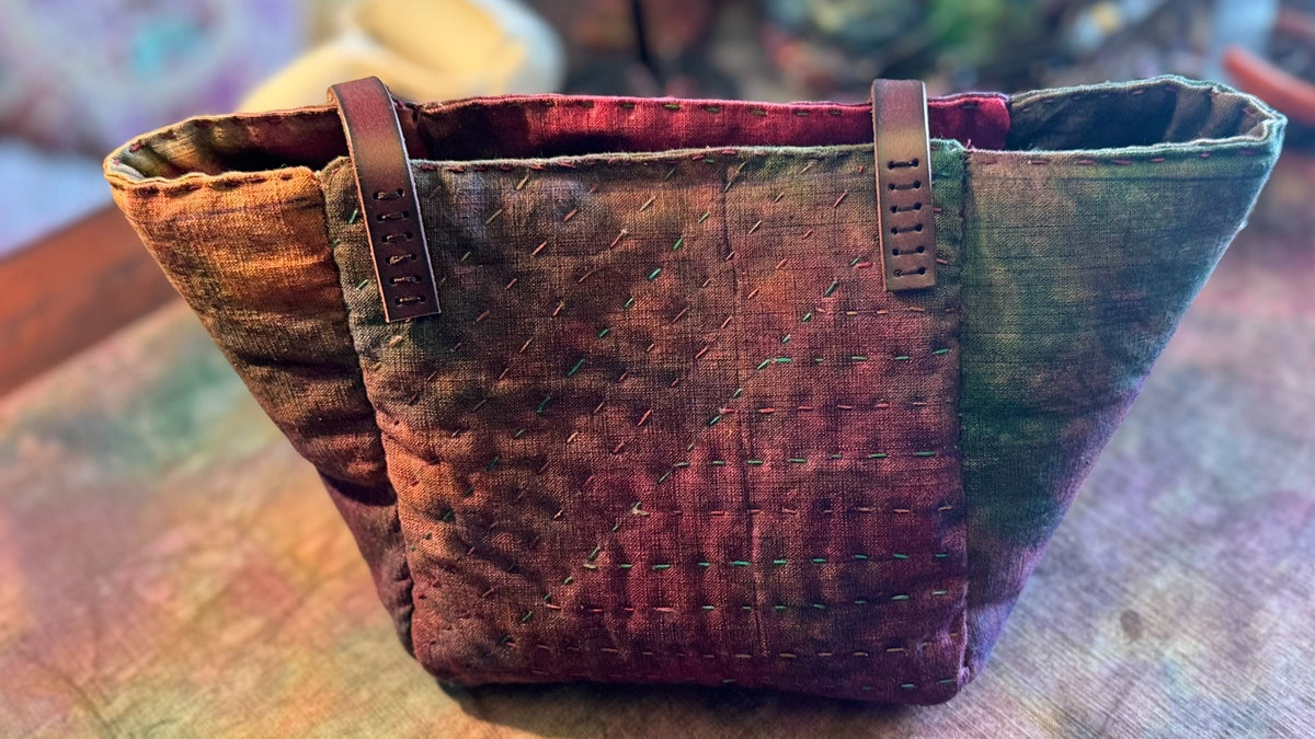 Handwoven Plant-Dyed Leather Handle Tote Bag
