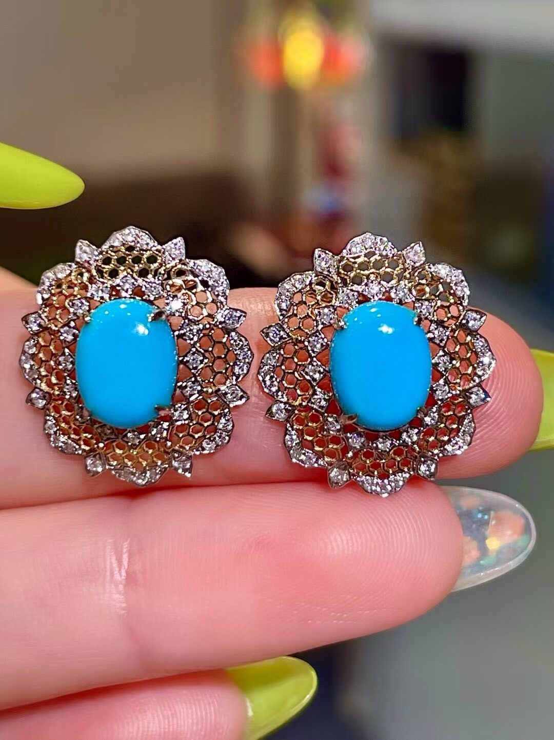 Sleeping Beauty Turquoise Diamond Lace Halo Earrings