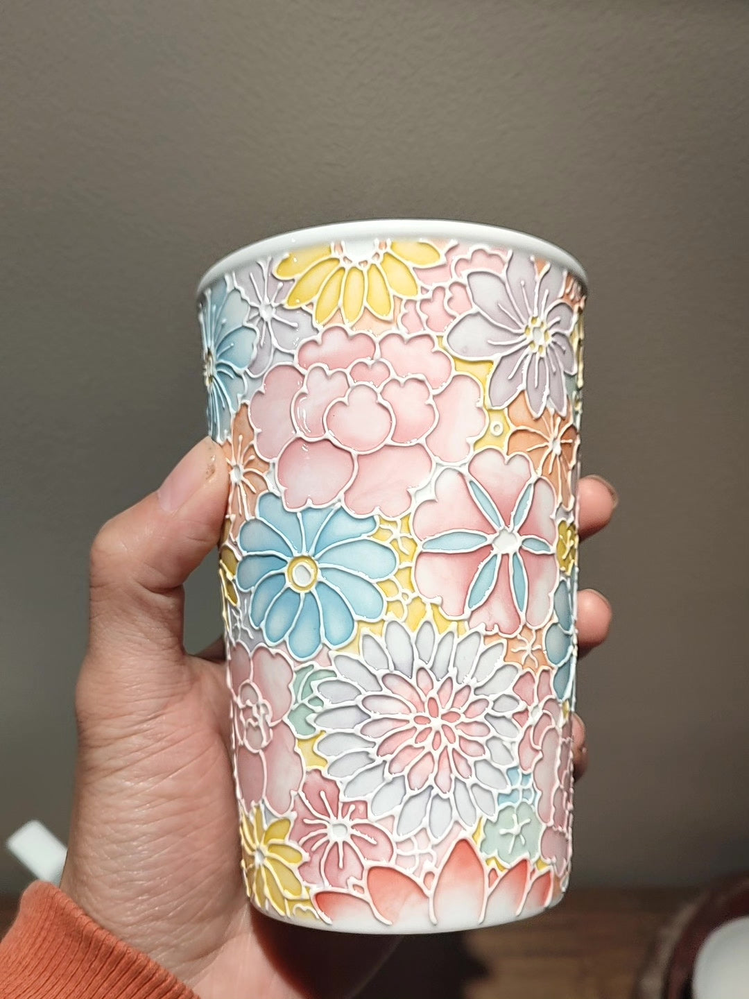Jade Clay Floral Relief Ceramic Mug with Lid