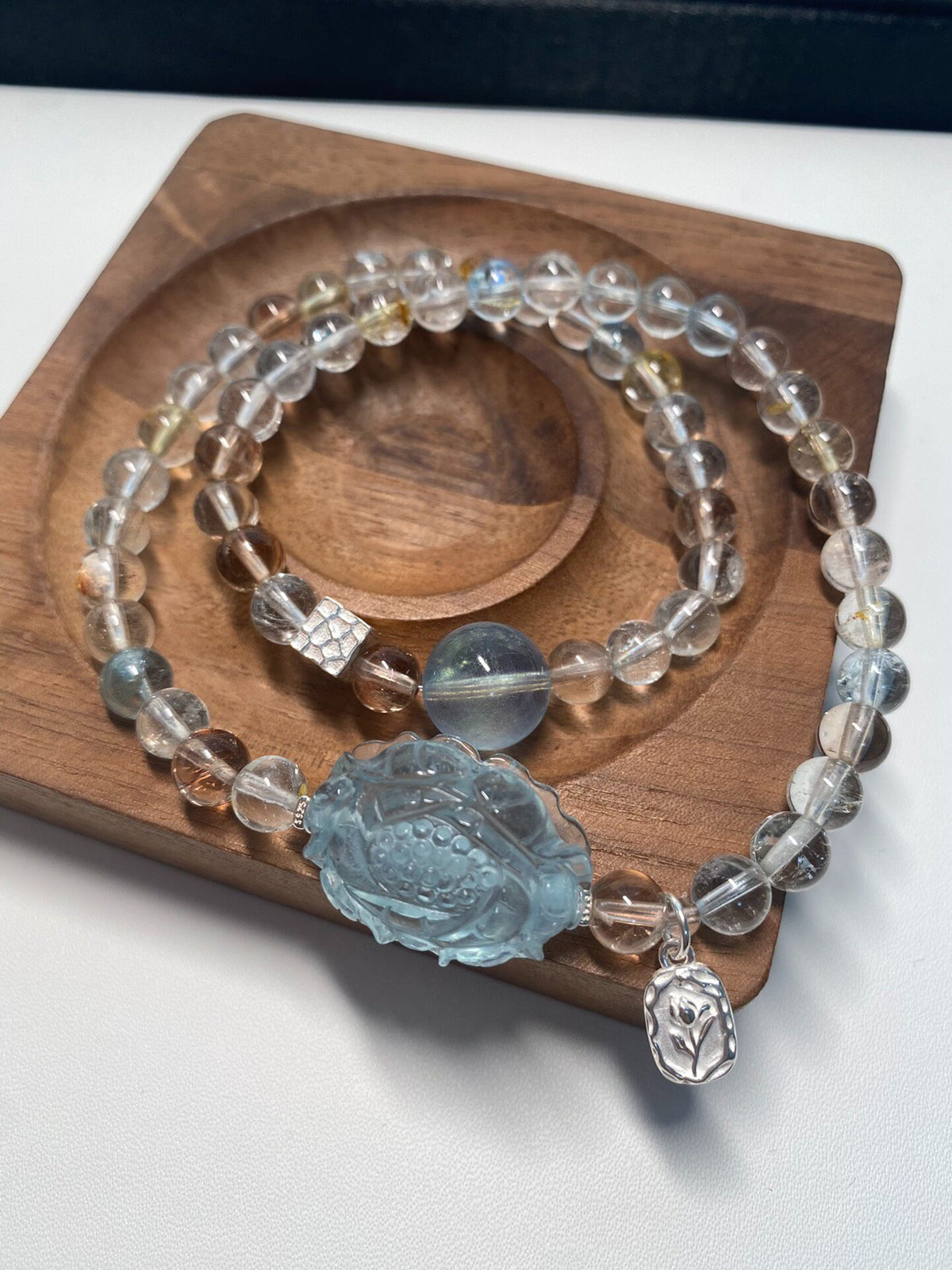 Topaz Double Loop Bracelet Aquamarine Carved