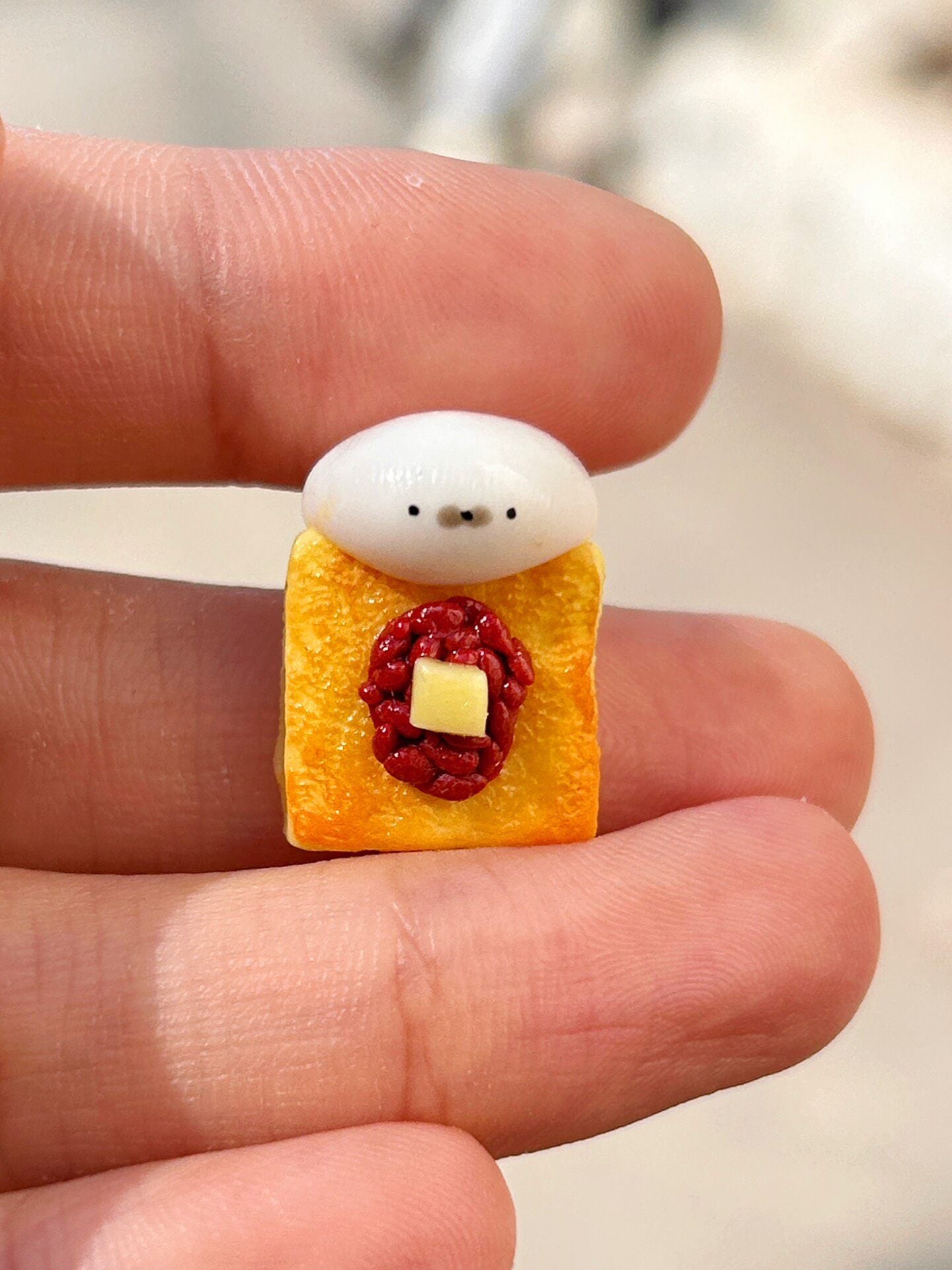 Red Bean Paste Bread Slice Miniature Figurine with Cream Topping