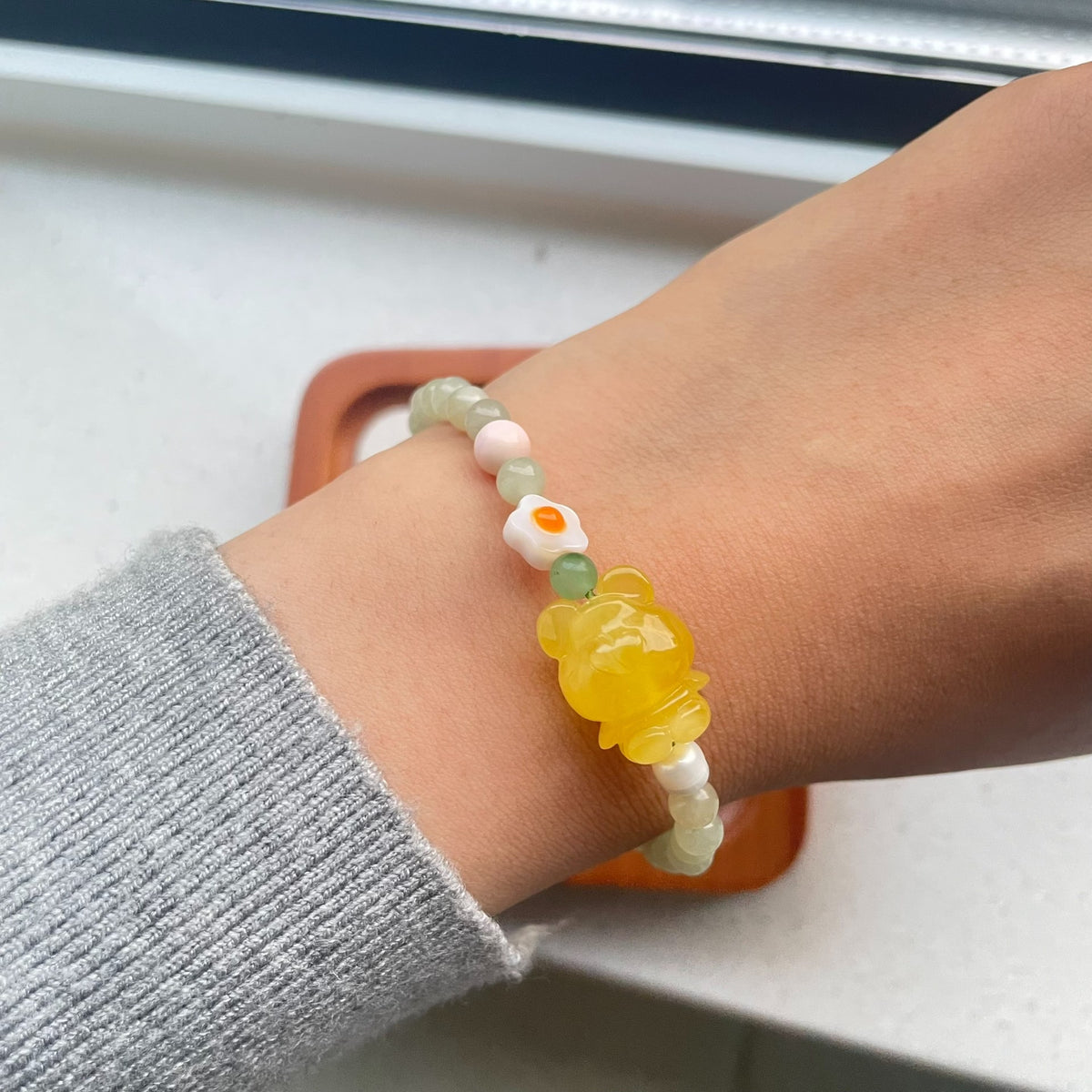 Amber Bear Hetian Jade Beaded Bracelet