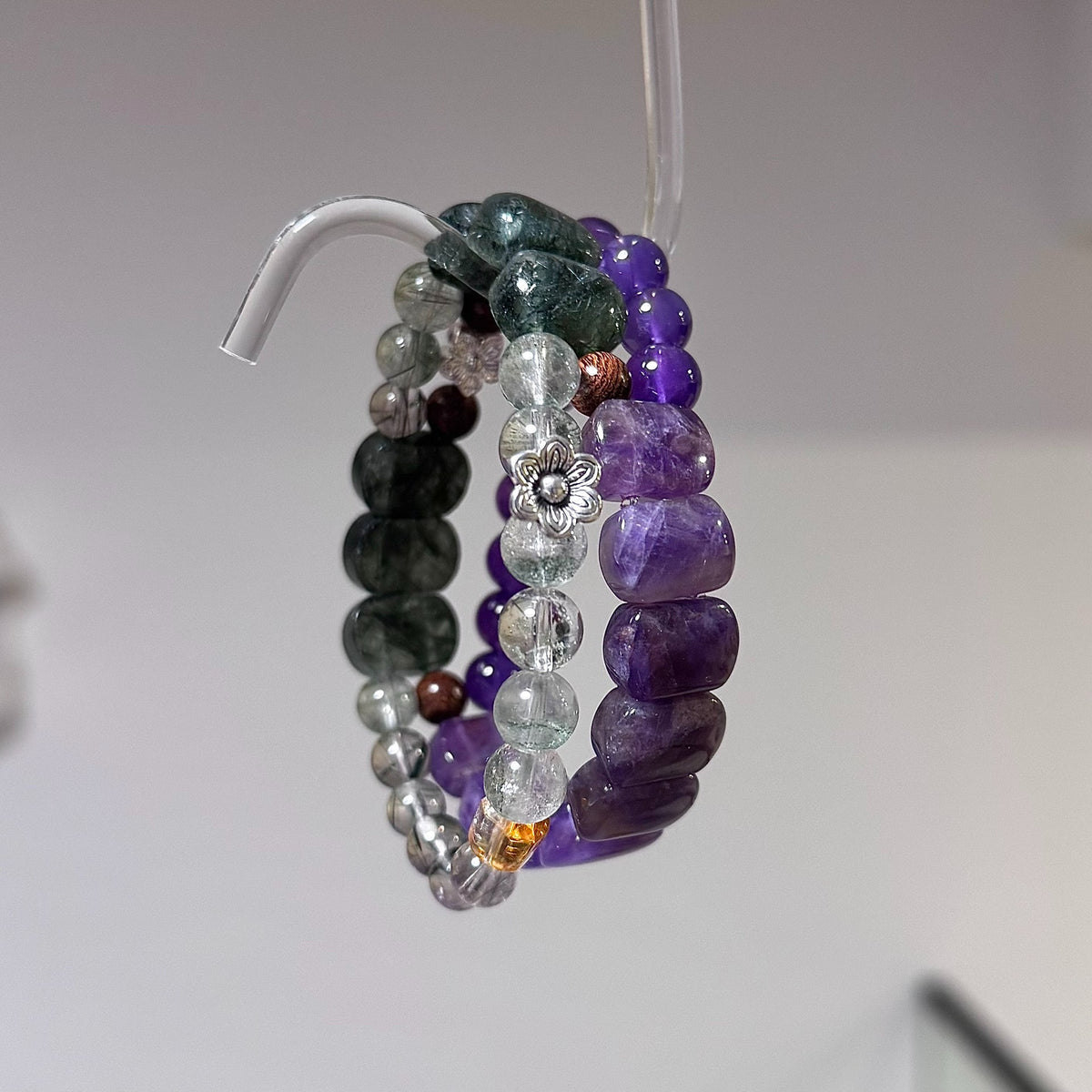 Amethyst Green Rutilated Quartz Three Wrap Bracelet