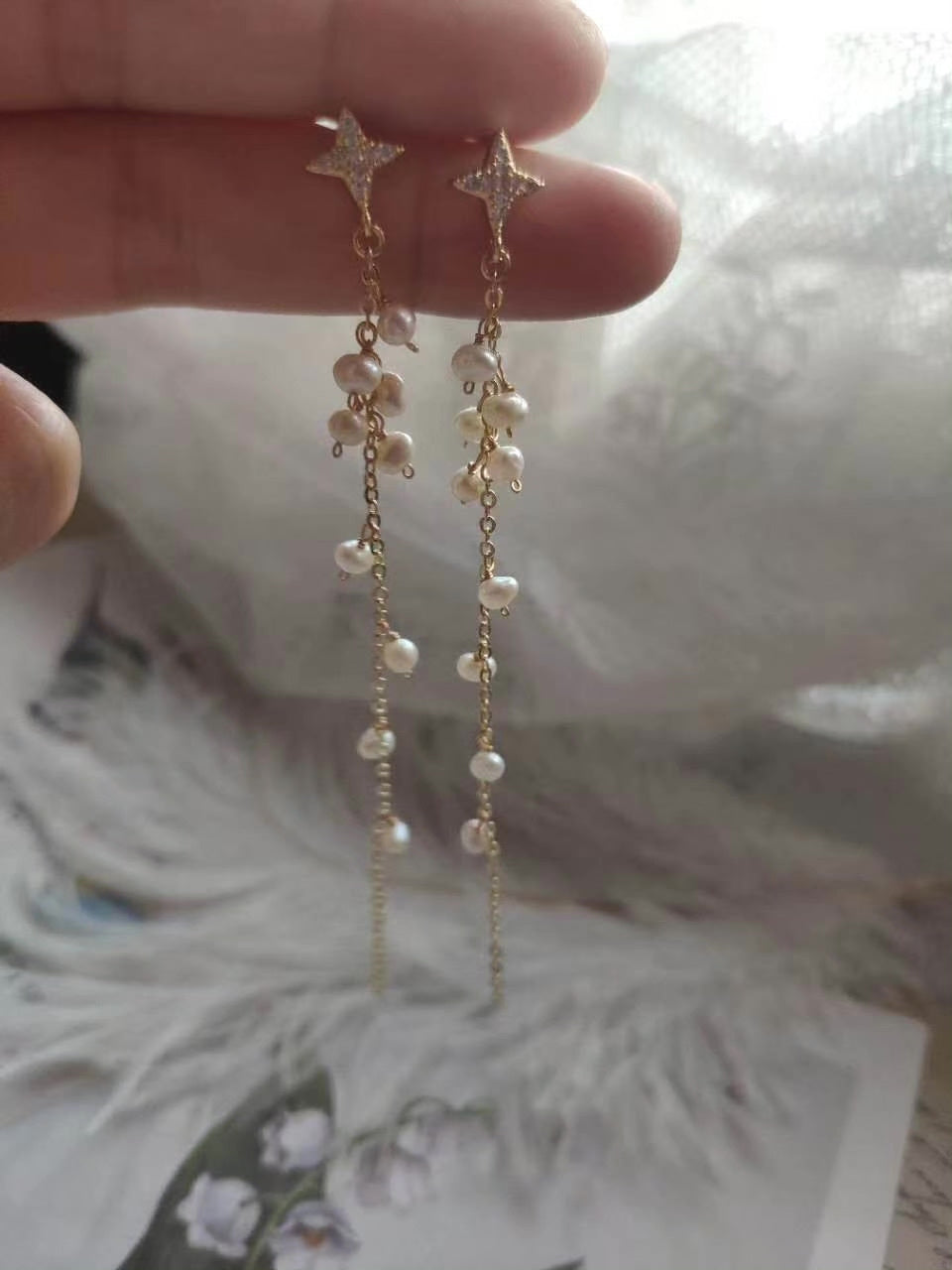 Natuurlijke Zowaterparel Tassel Drop Oorbellen