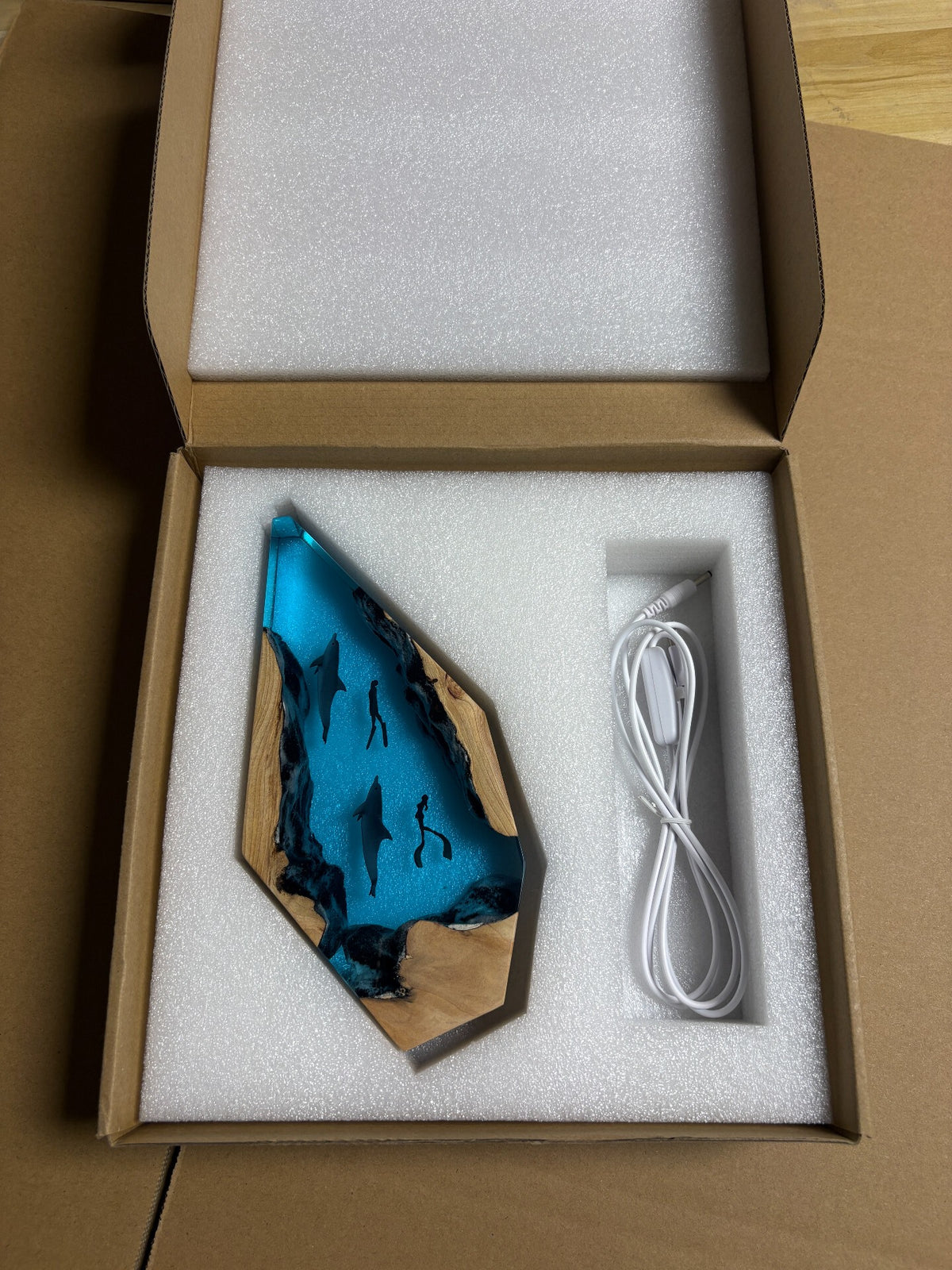 Resin Ocean Dolphin Wood Slab Lamp