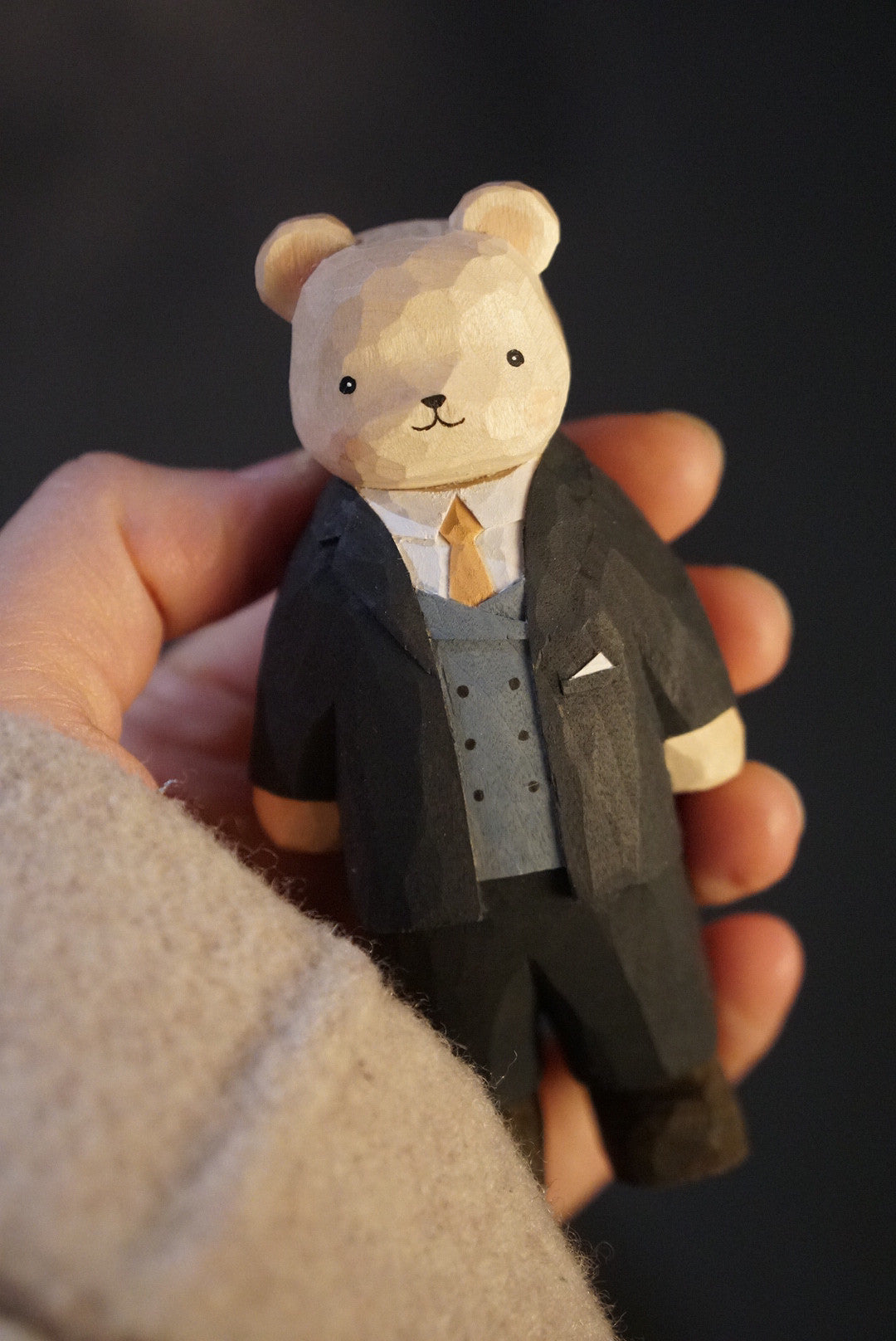 Handcrafted Basswood Bear Figurine in British Gentleman Suit