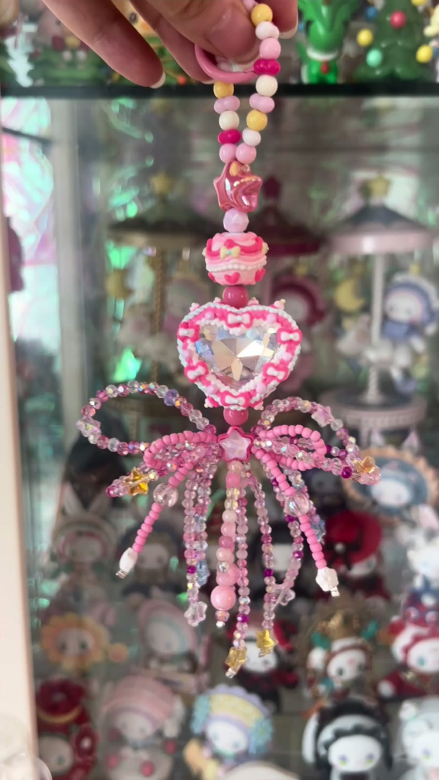 Acessório de Mala Charm de Coração com Miçangas Rosas