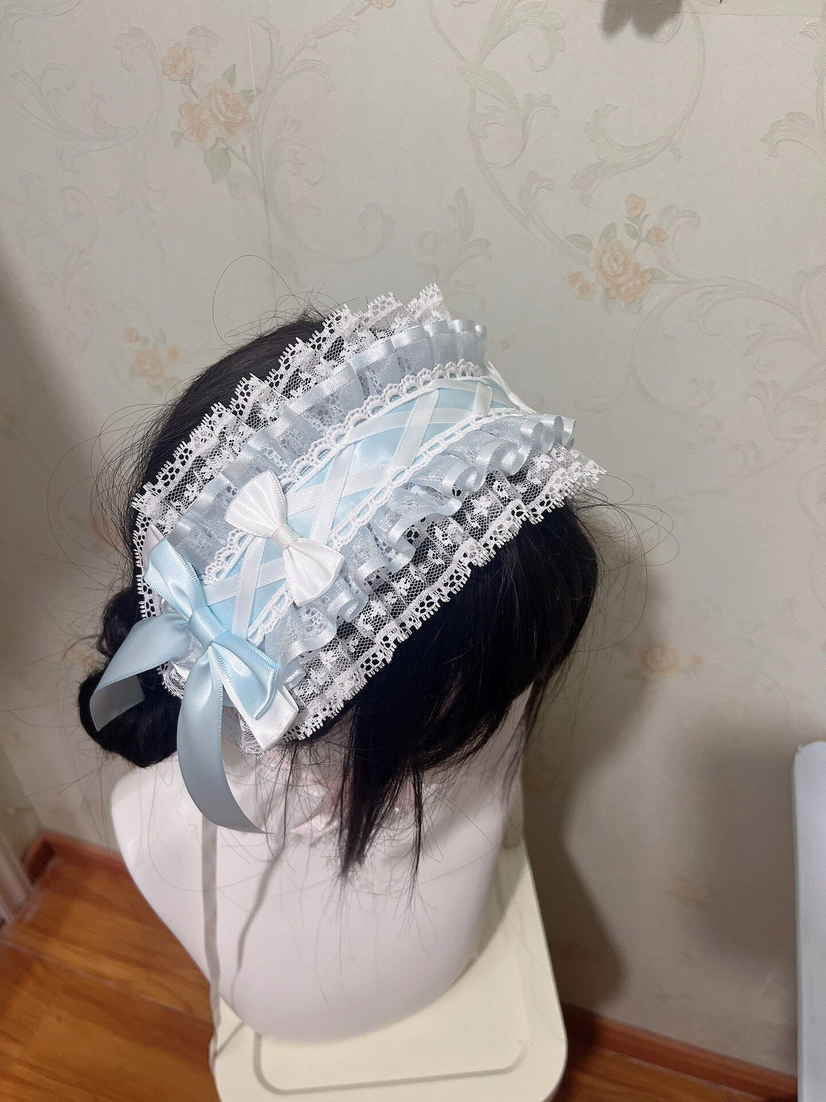 Blue White Lolita Handmade Satin Lace Headband