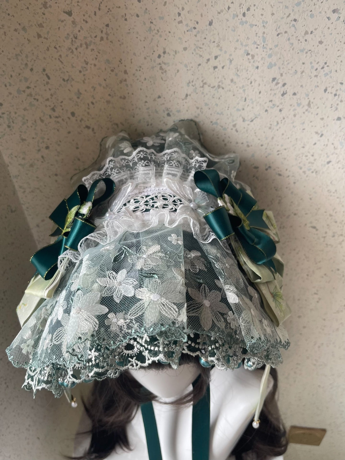 Handmade Lolita Green Lace Flat Bonnet