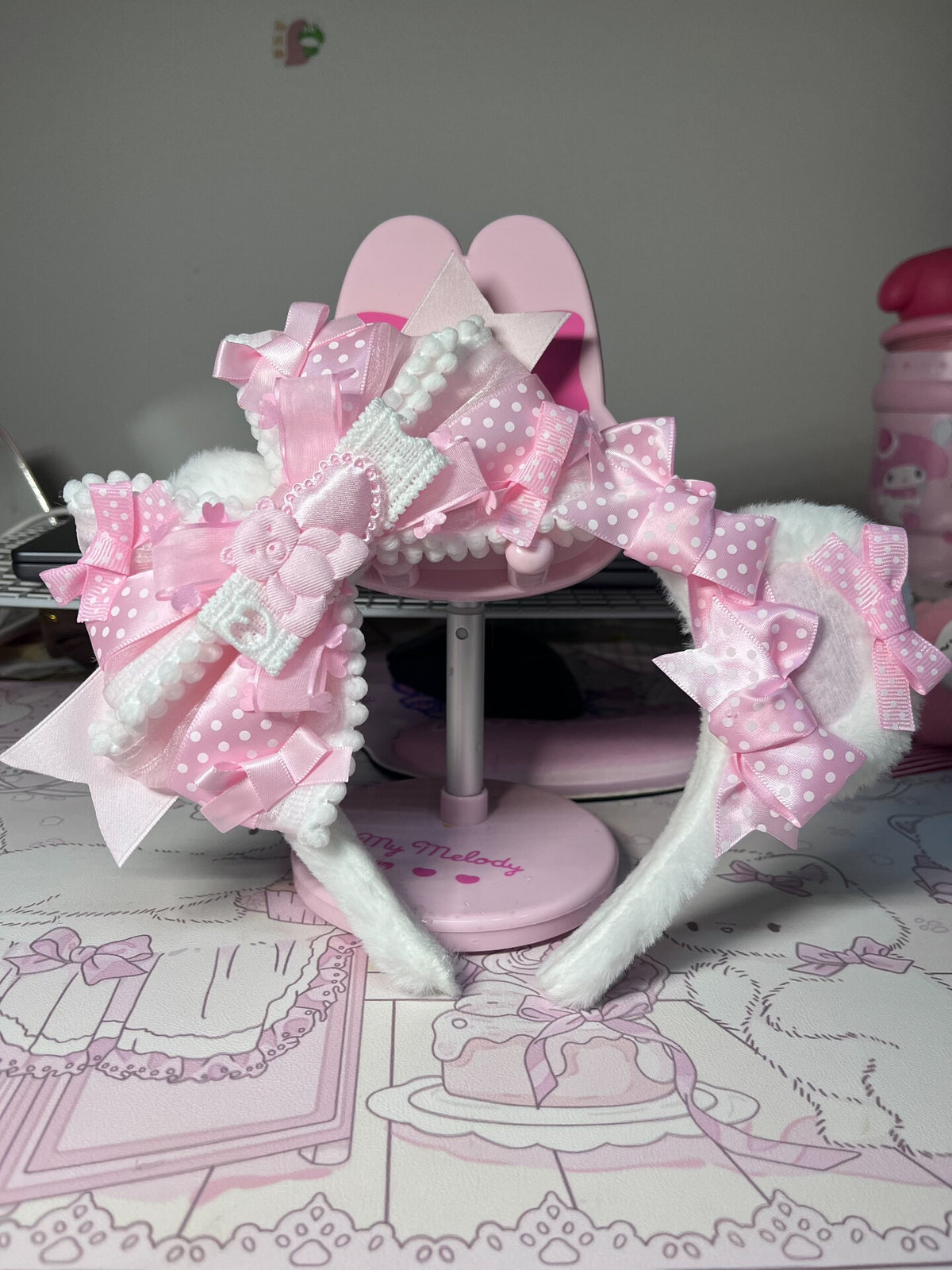 Pink Polka Dot Bear Ear Lolita KC Headband