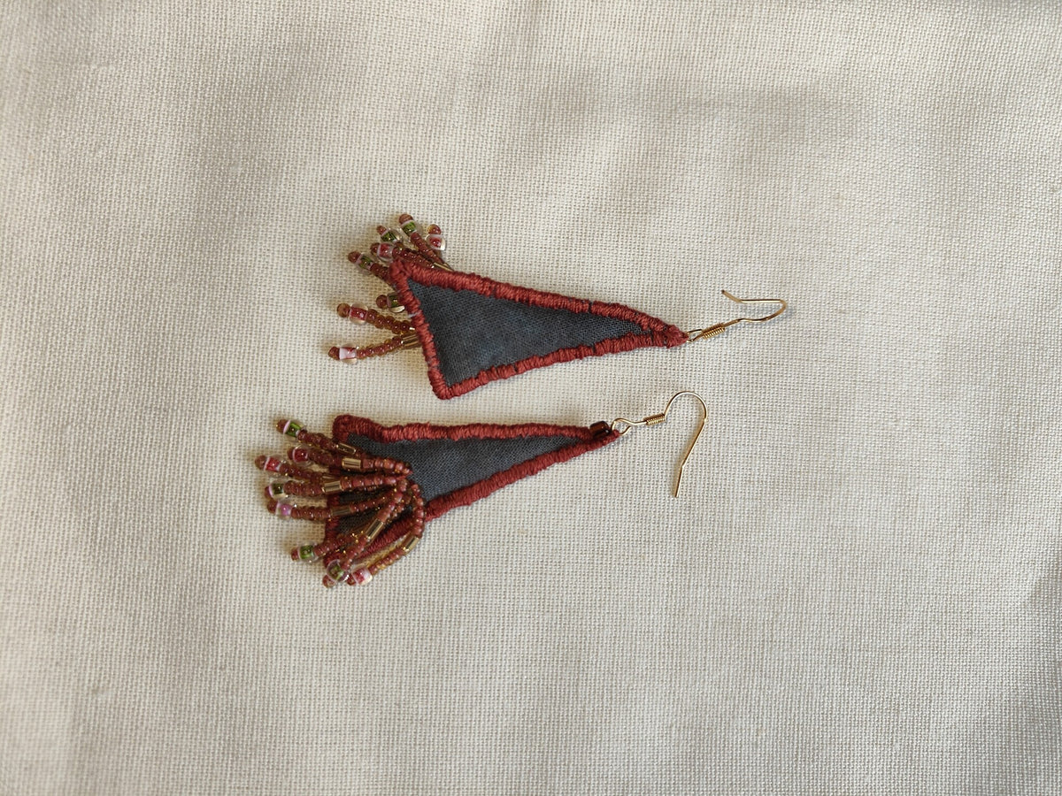 Handmade Fabric Tassel Earrings Gray Beaded