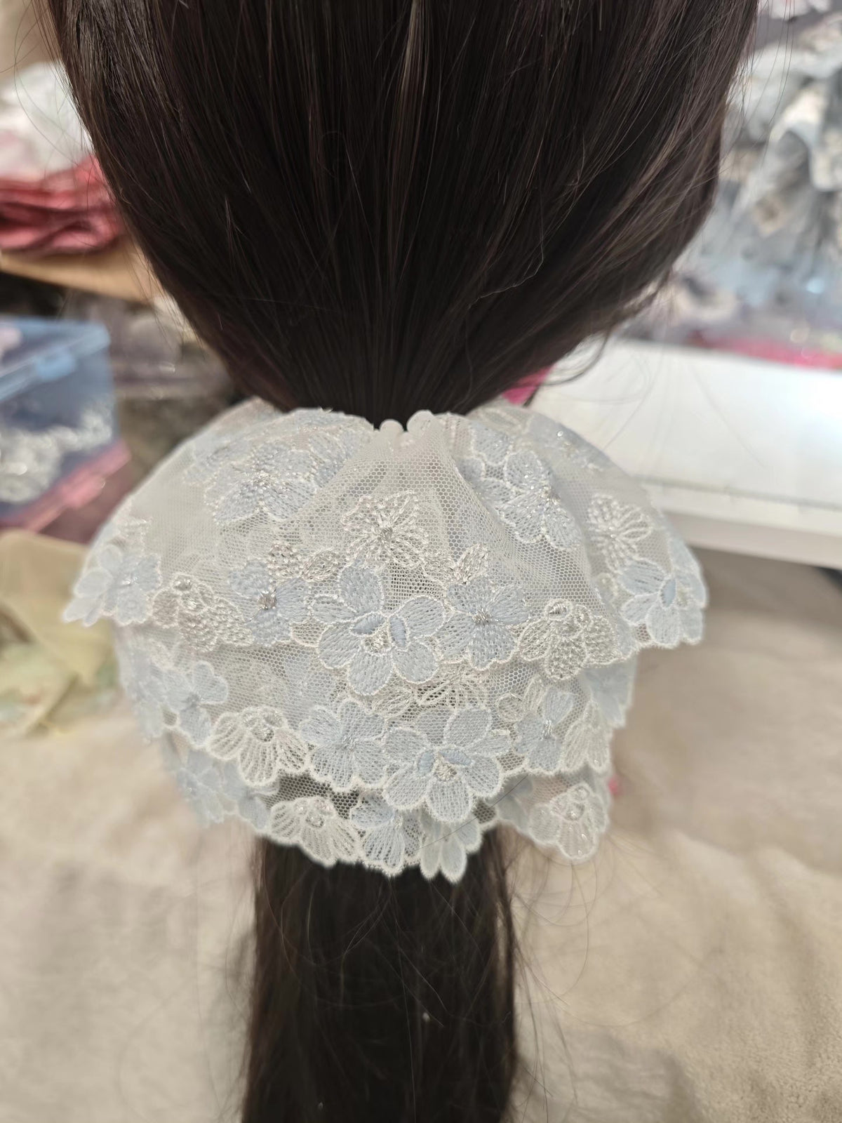 Pale Blue Floral Embroidered Lace Scrunchie
