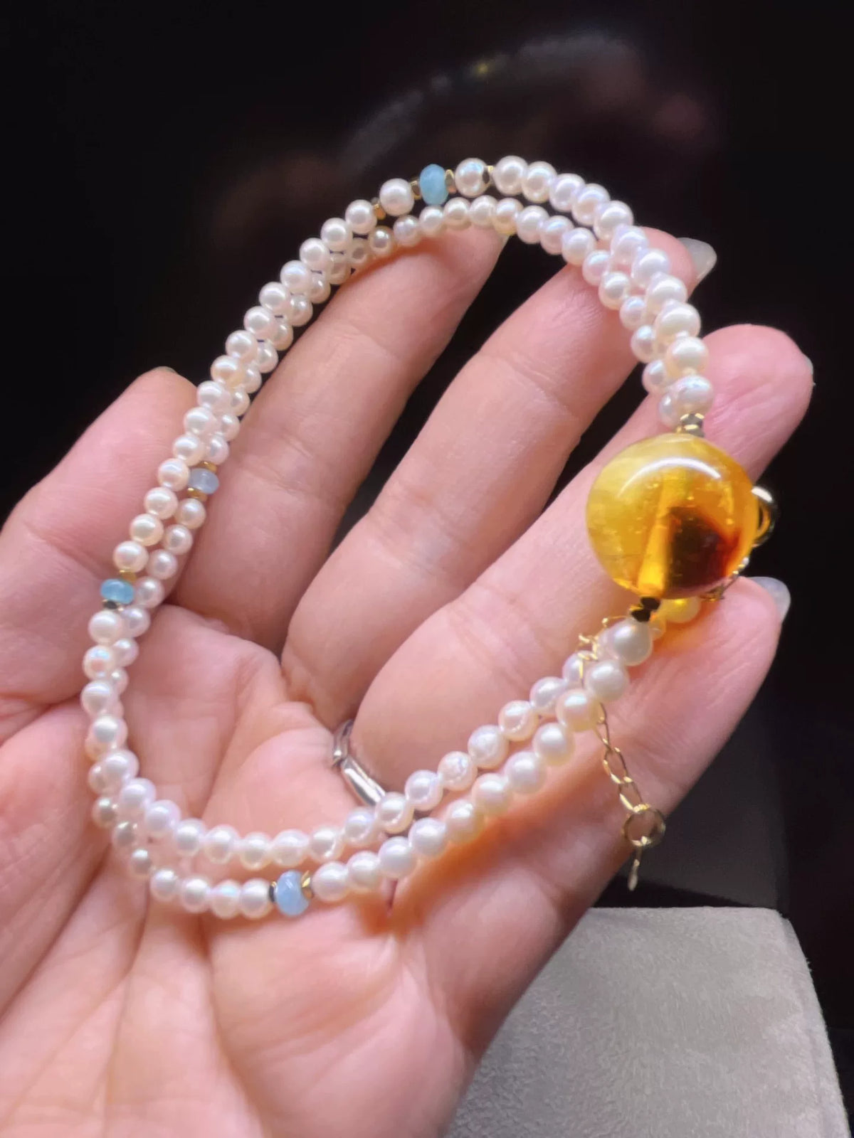 Collana con Perle, Ambra e Acquamarina