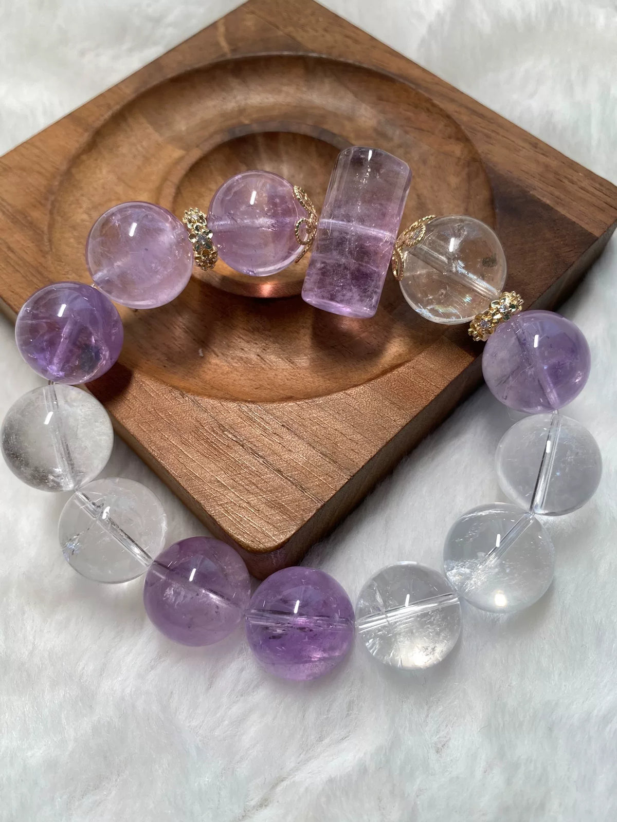 Pulsera de cuentas de Amatista Lavanda y Cuarzo Transparente