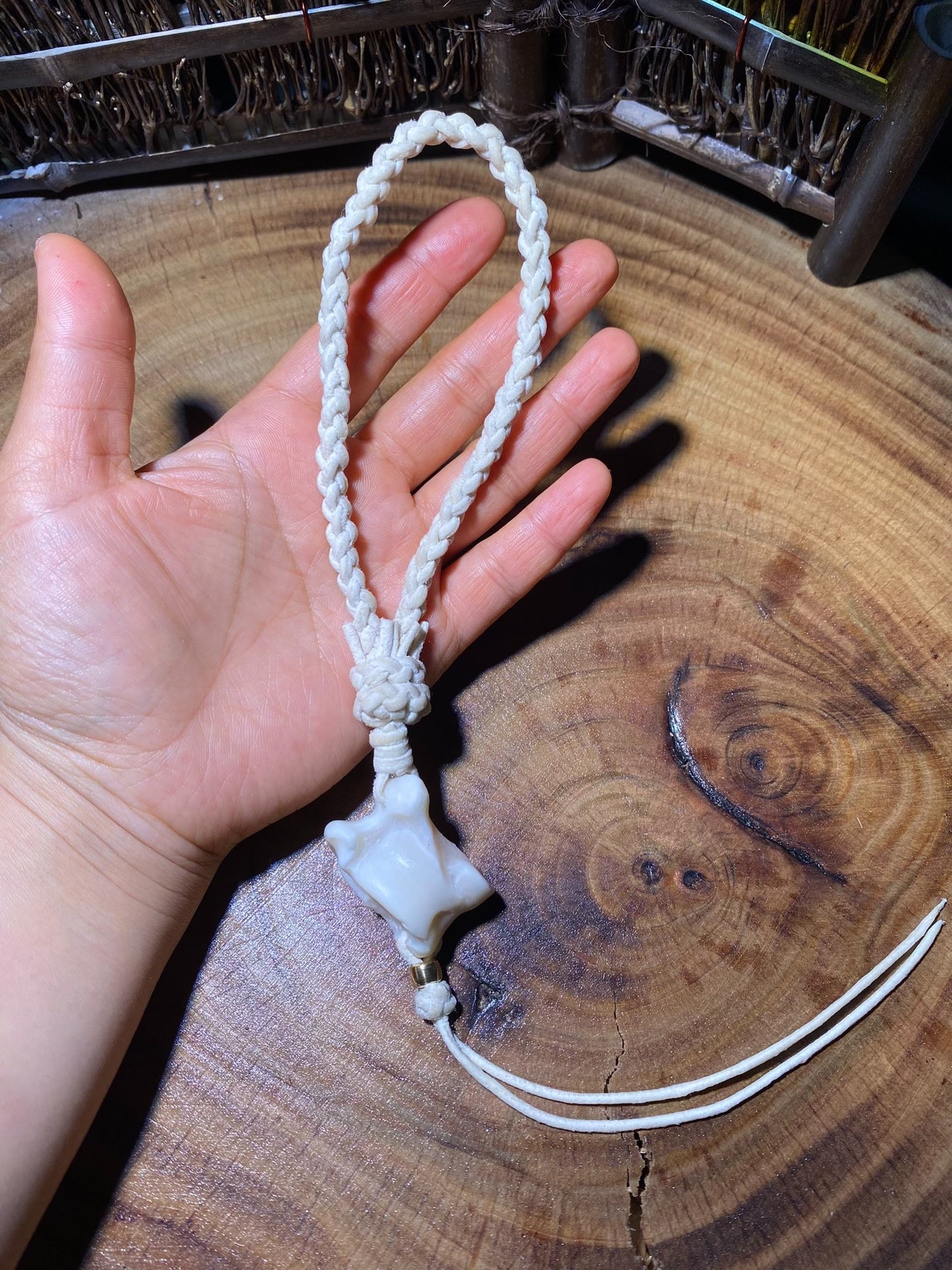 Handwoven Creamy White Rope Keychain with Amber Bead and Pendant