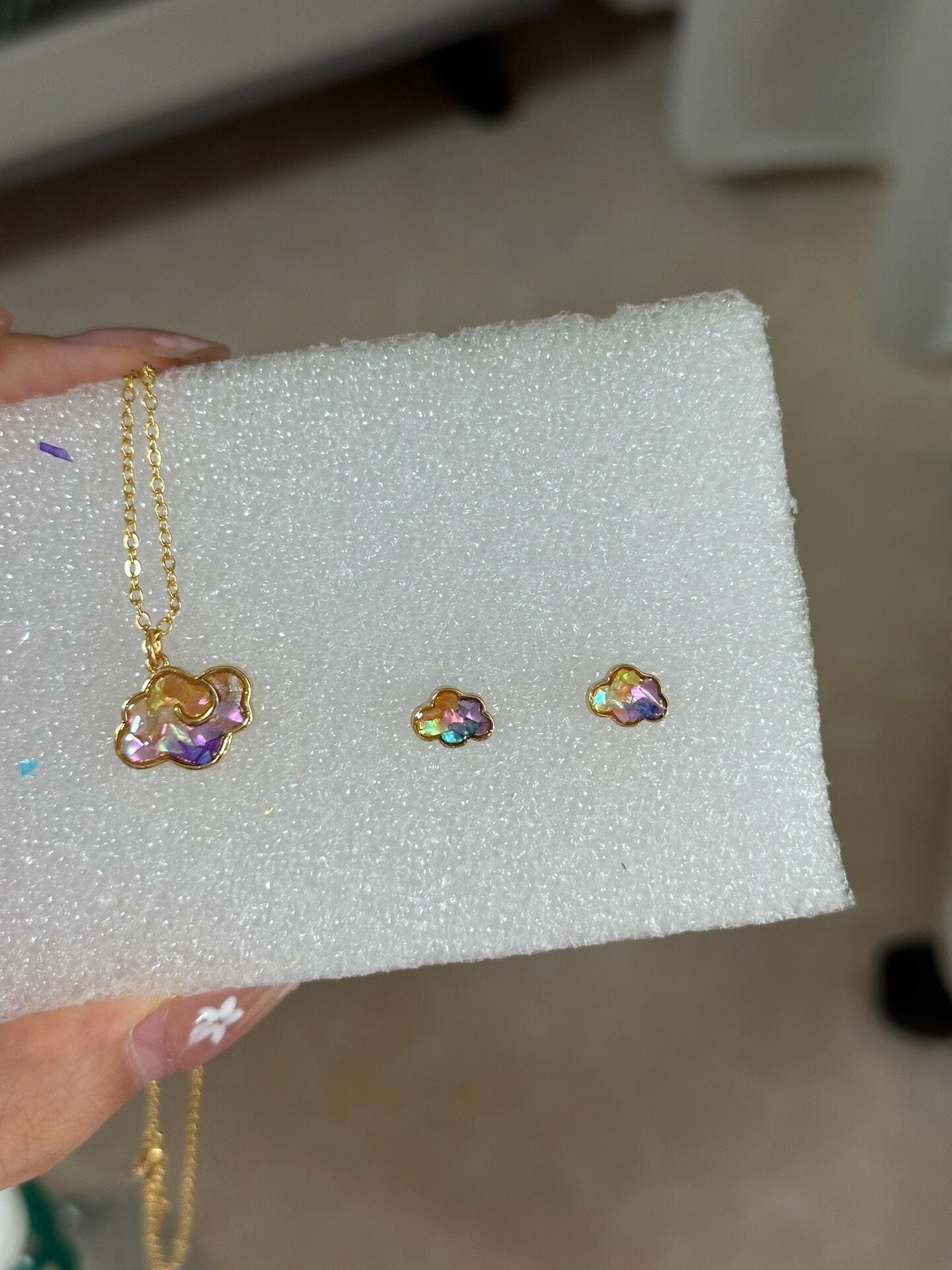Gold-Plated Copper Cloud Motif Necklace & Earring Set with Iridescent Accents