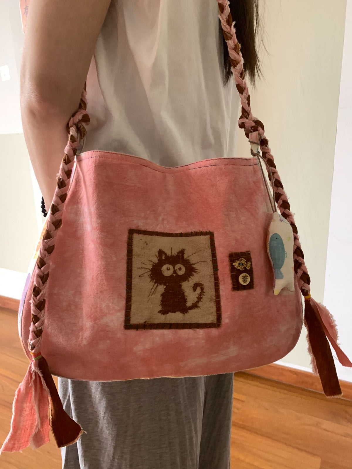Handmade Persimmon Dyed Pink Cat Shoulder Bag