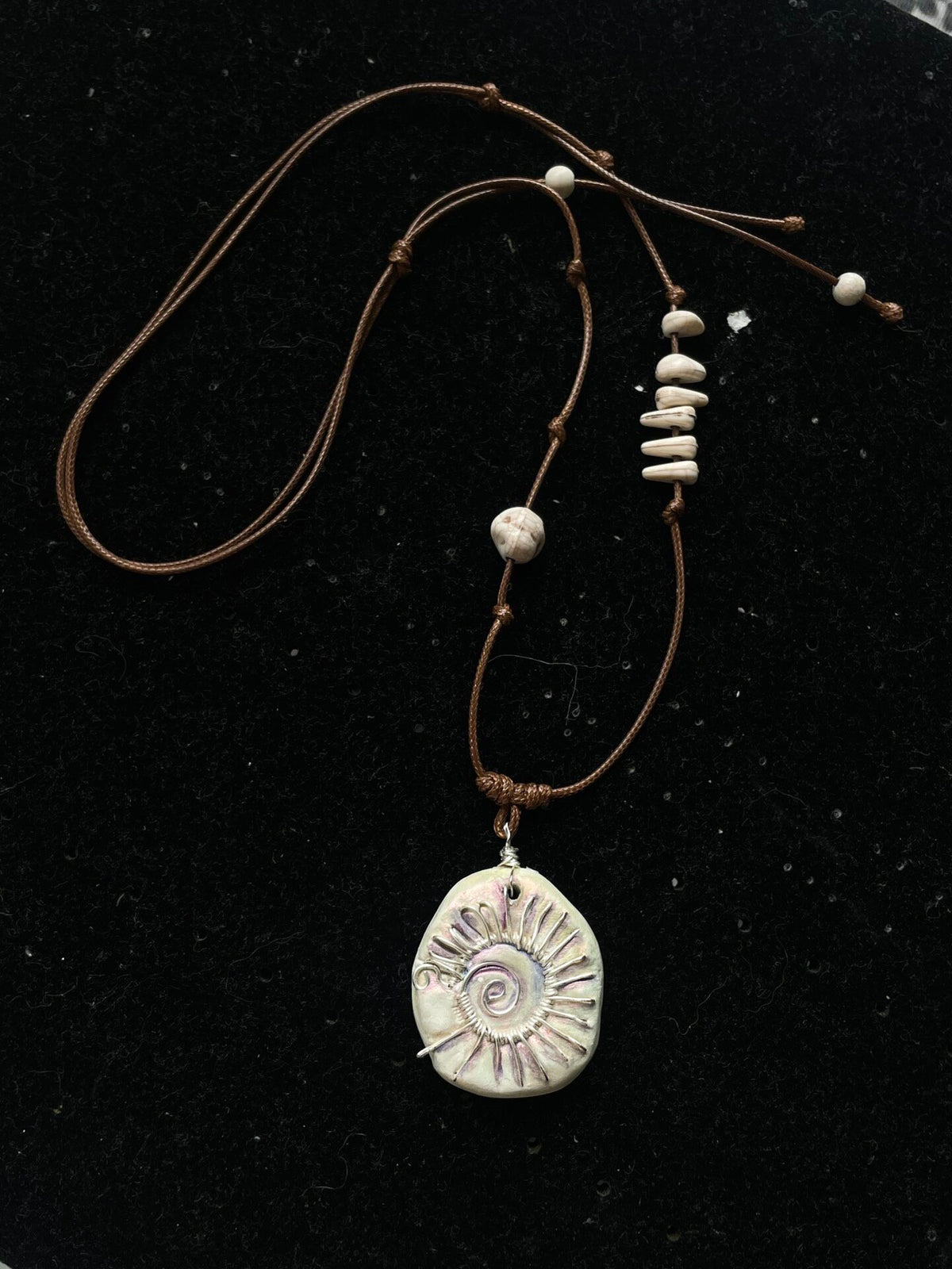 Ammonite Fossil Pendant Necklace Brown Leather Cord