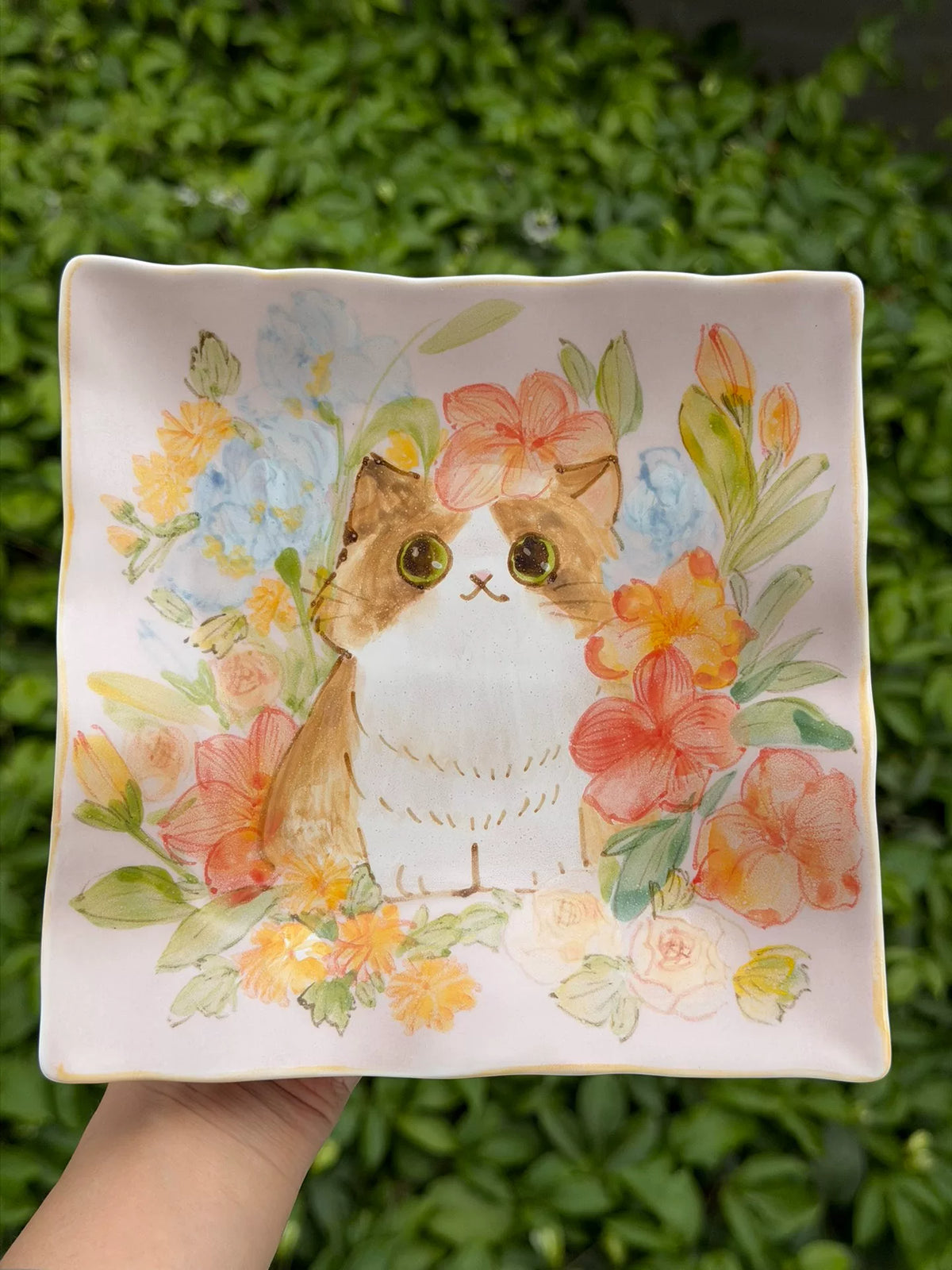 Hand Painted Ceramic Rectangular Plate Cat Floral