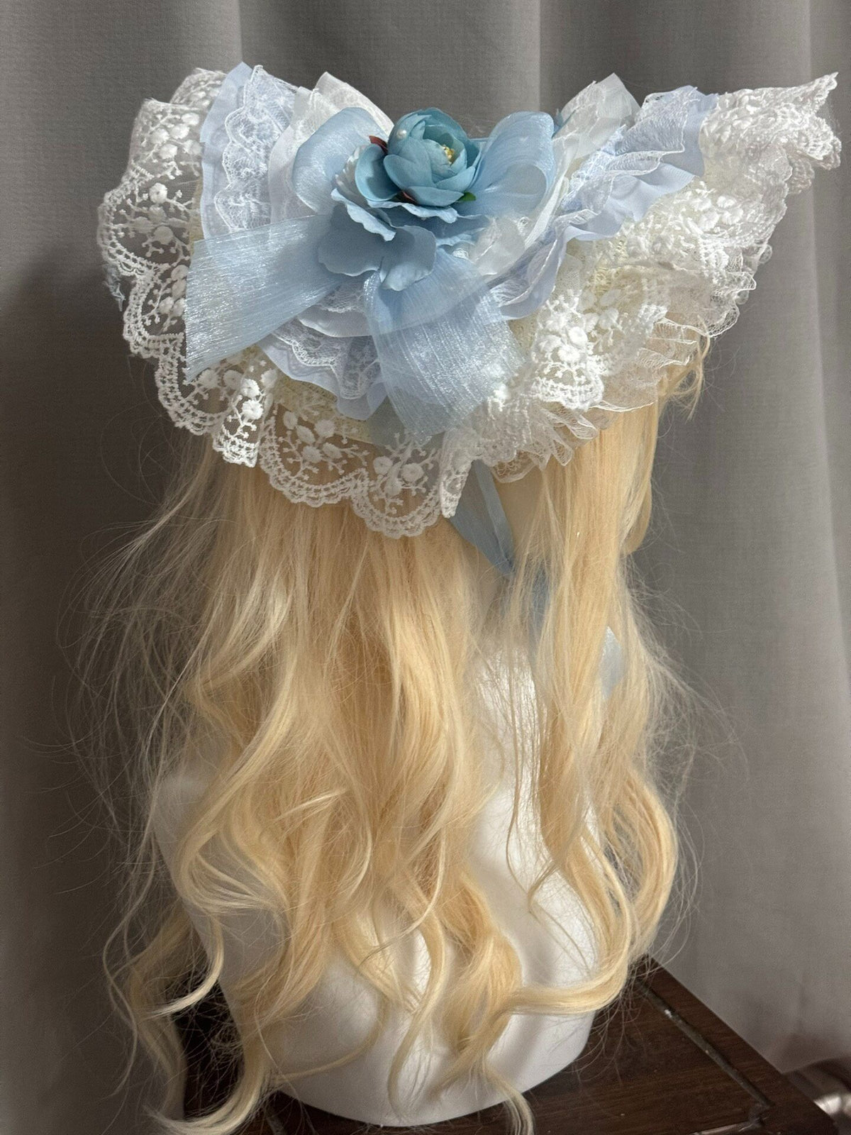 Blue Lolita Bonnet Straw Hat with Lace