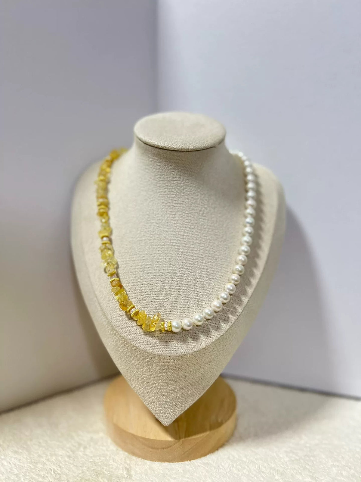 Yellow Crystal and Pearl Two Tone Necklace