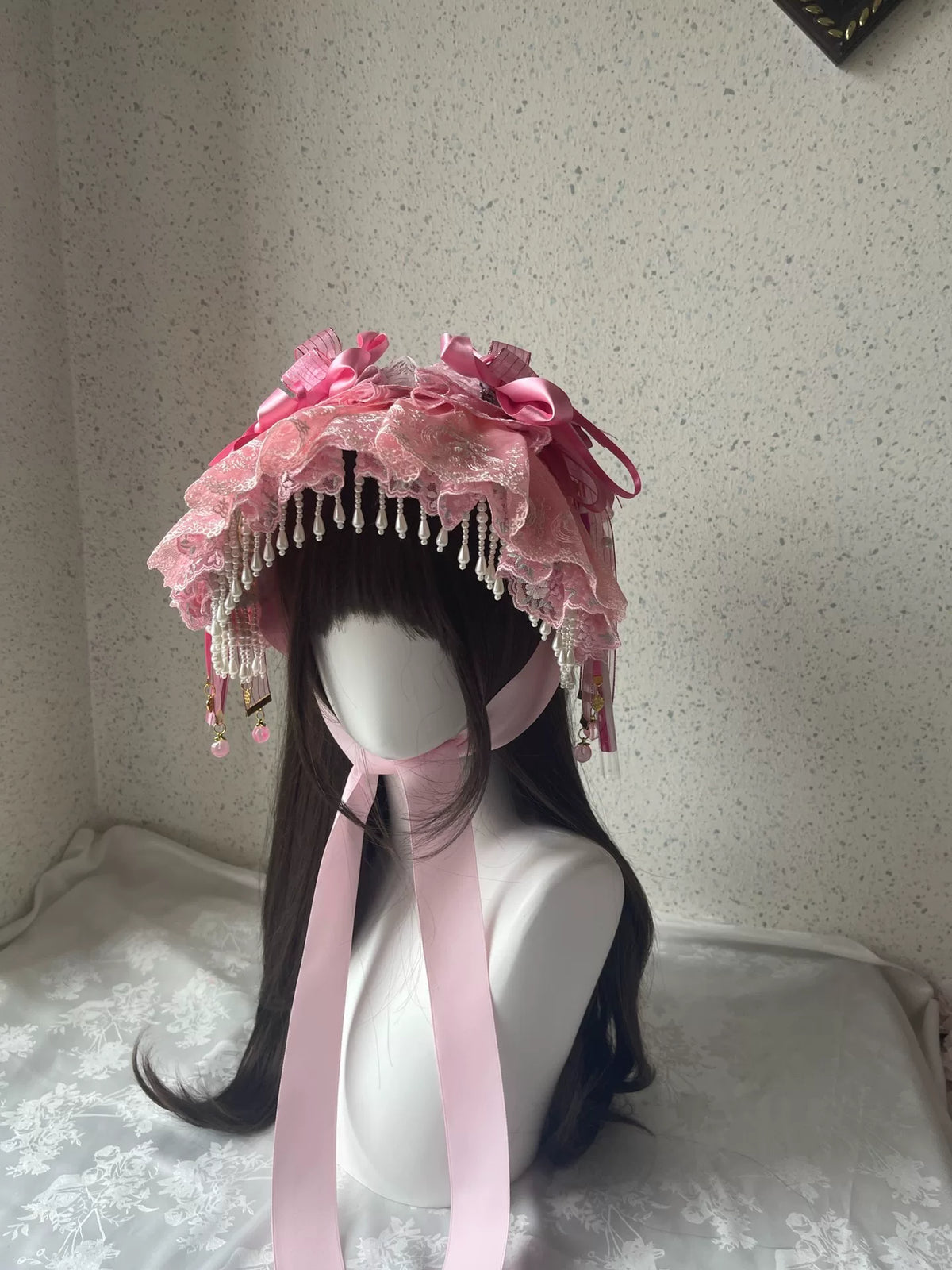 Sombrero Plano Lolita de Encaje Rosa con Lazos de Satén