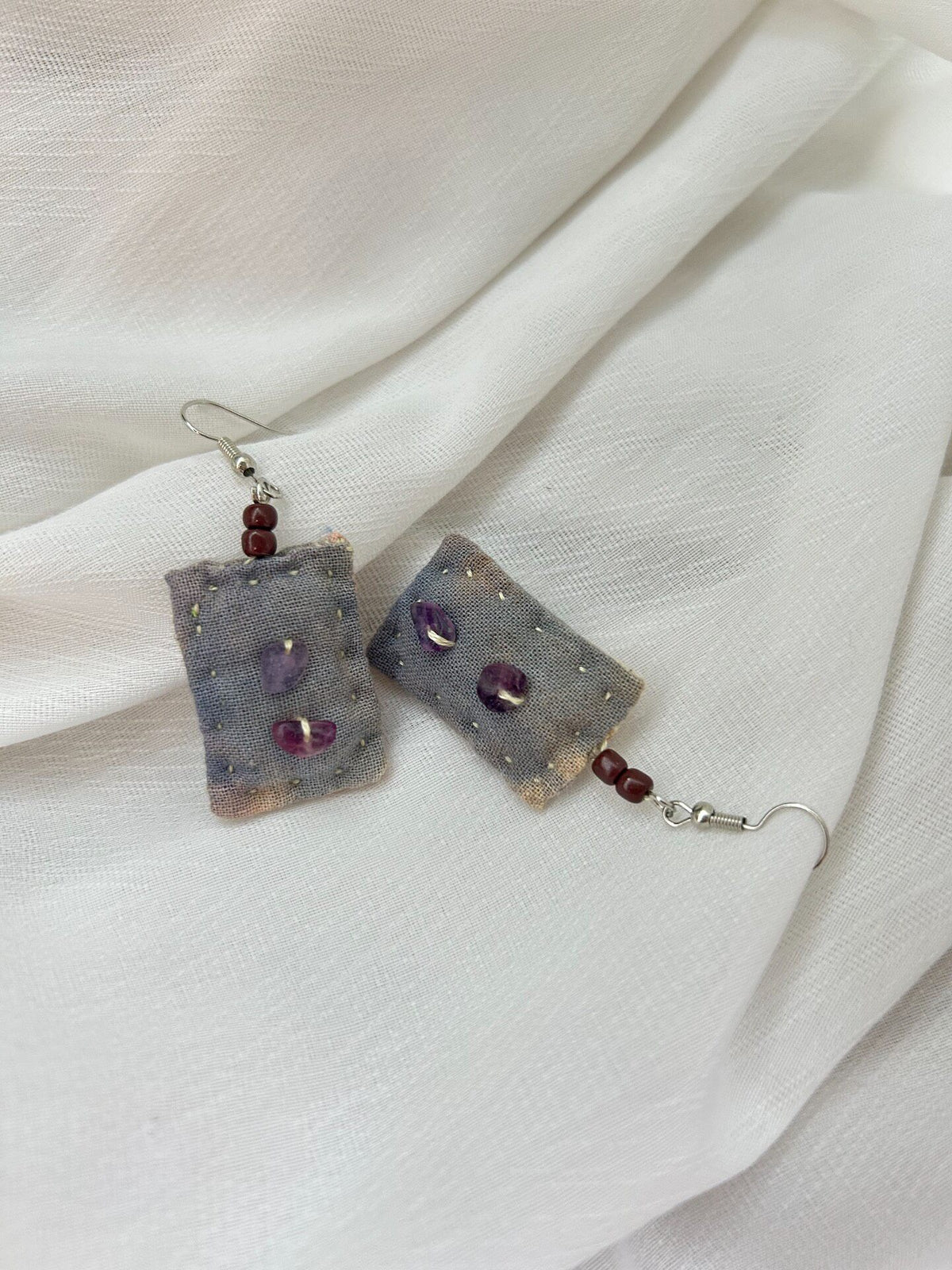 Handcrafted Fabric Earrings with Amethyst Beads