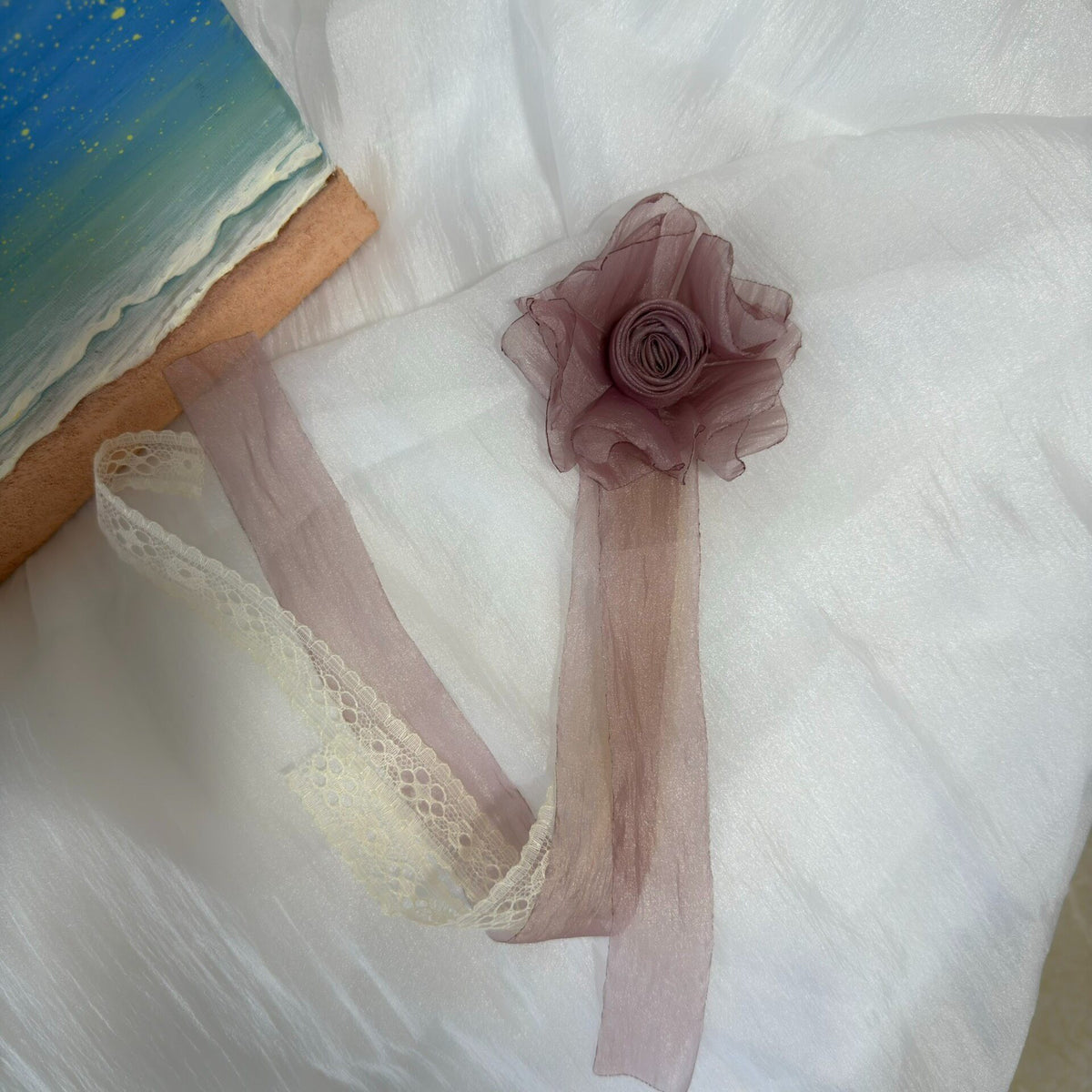 Handmade Fabric Flower Brooch with Ribbons