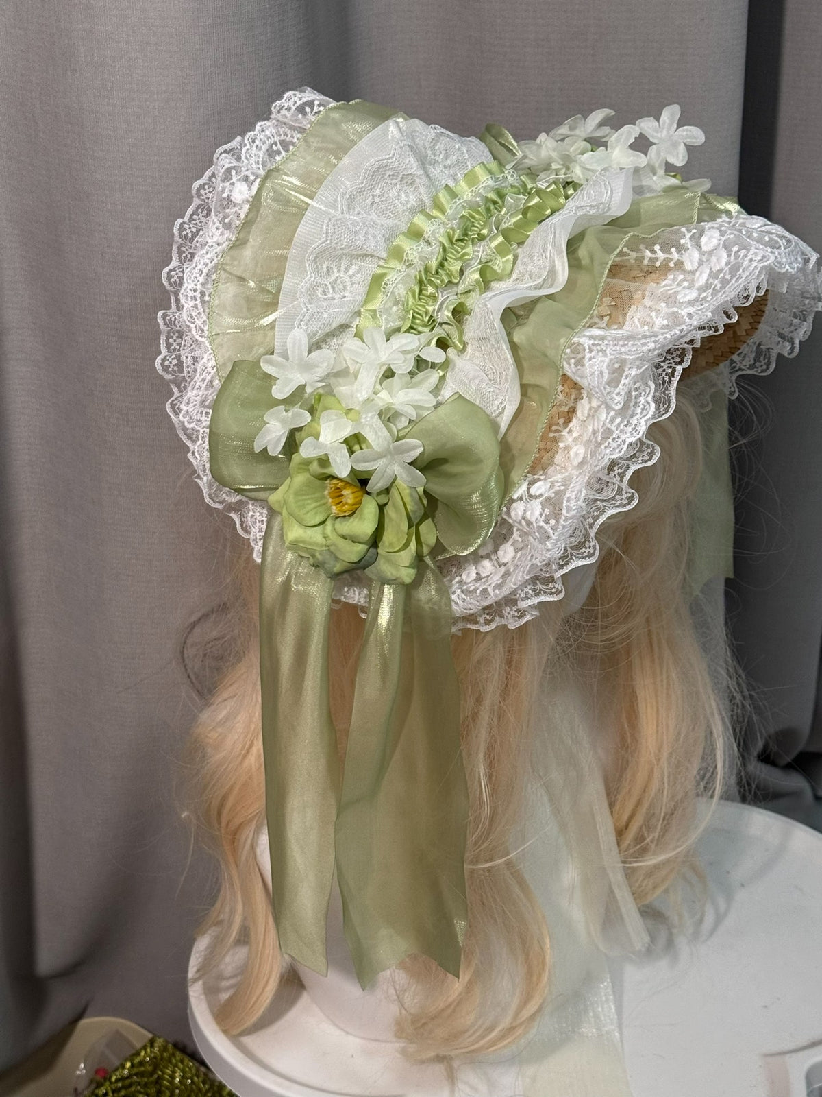 Lolita Bonnet Hat with Sage Green Lace